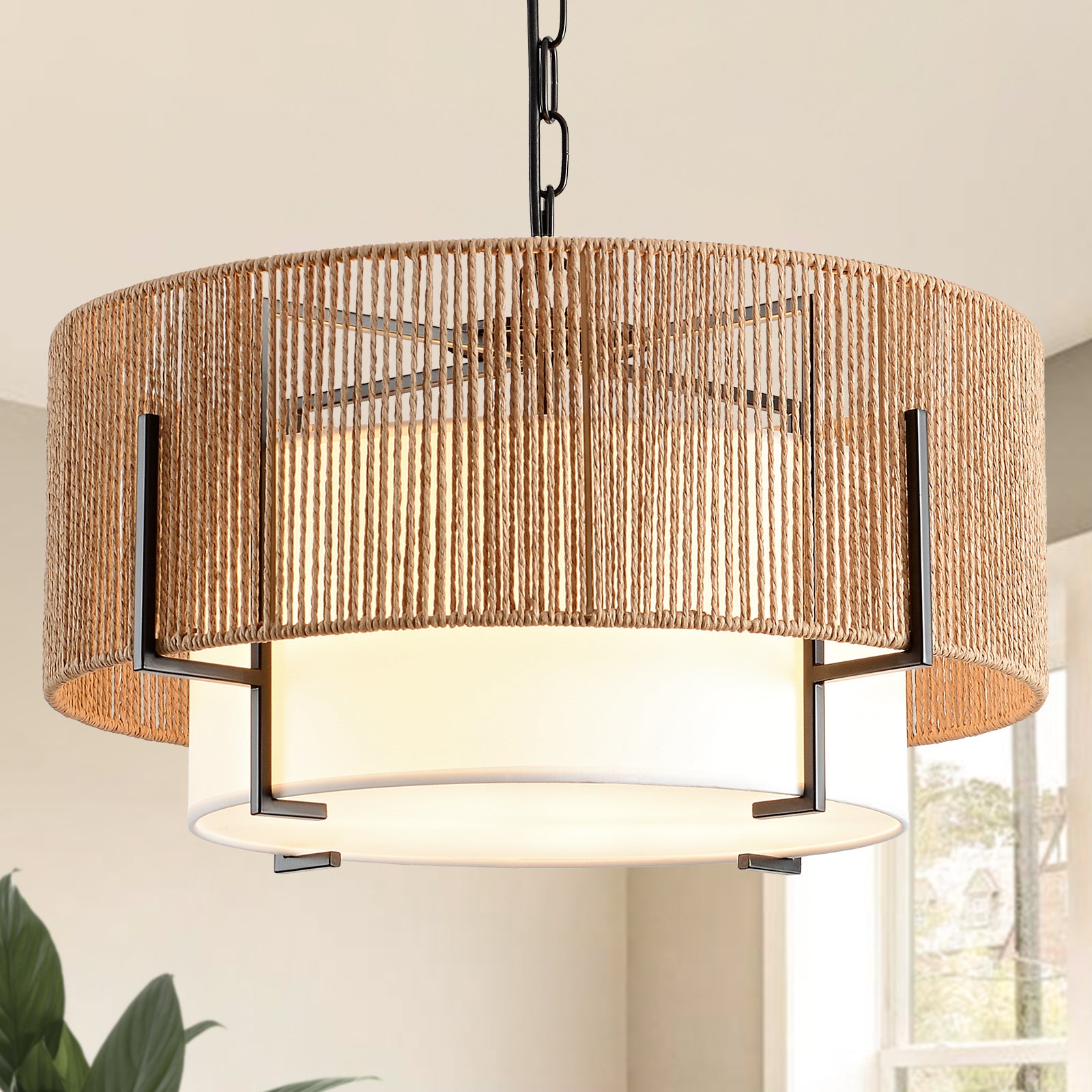 4-Light Rattan Chandelier for Dining Room