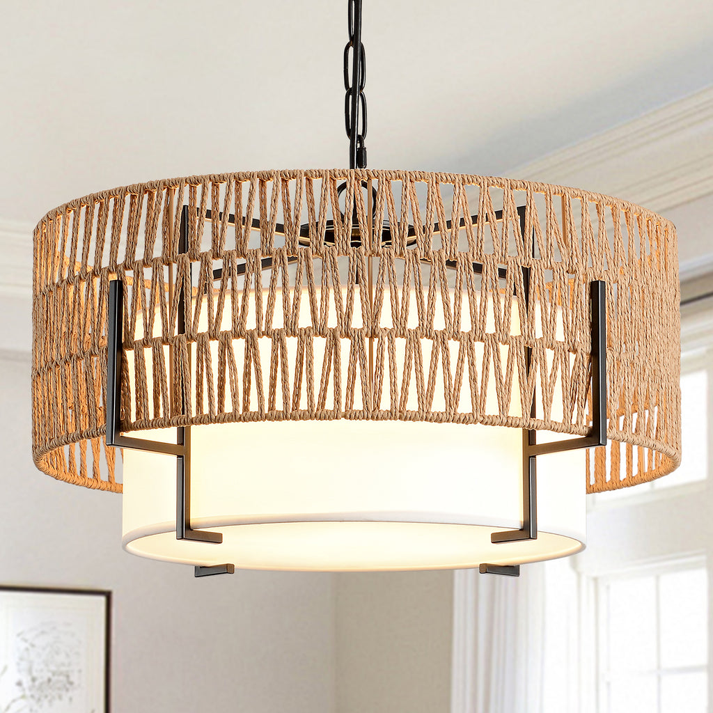 4-Light Boho Chandelier for Dining Room, 19.7" Rattan Pendant Light