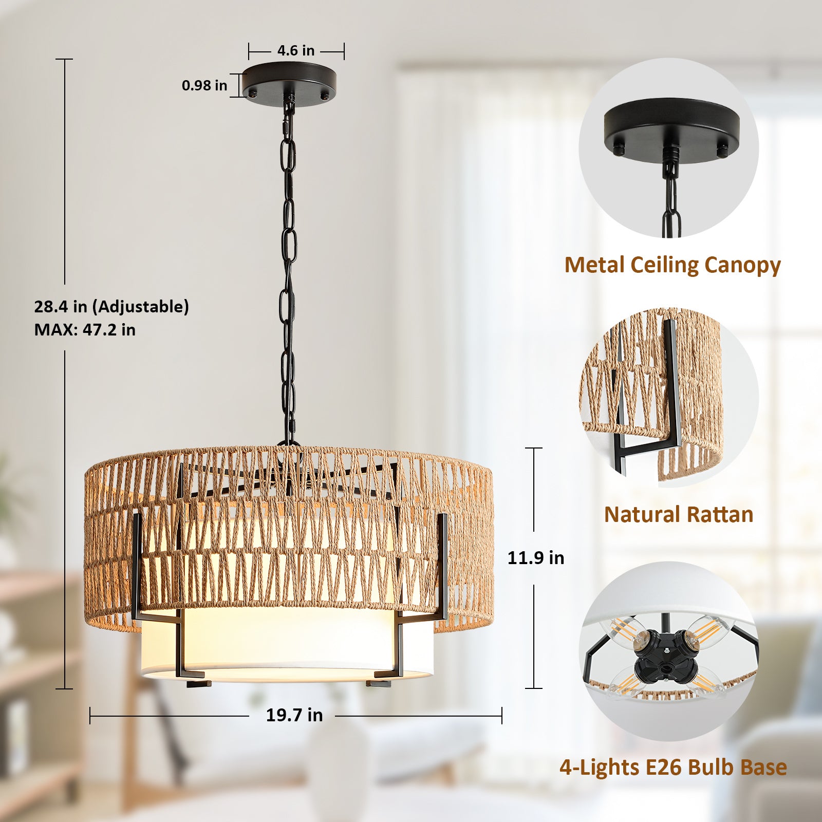 4-Light Boho Chandelier for Dining Room, 19.7" Rattan Pendant Light