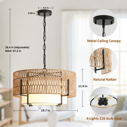 4-Light Boho Chandelier for Dining Room, 19.7" Rattan Pendant Light