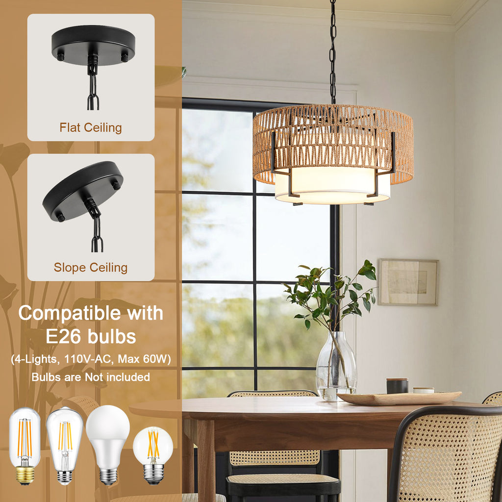 4-Light Boho Chandelier for Dining Room, 19.7" Rattan Pendant Light
