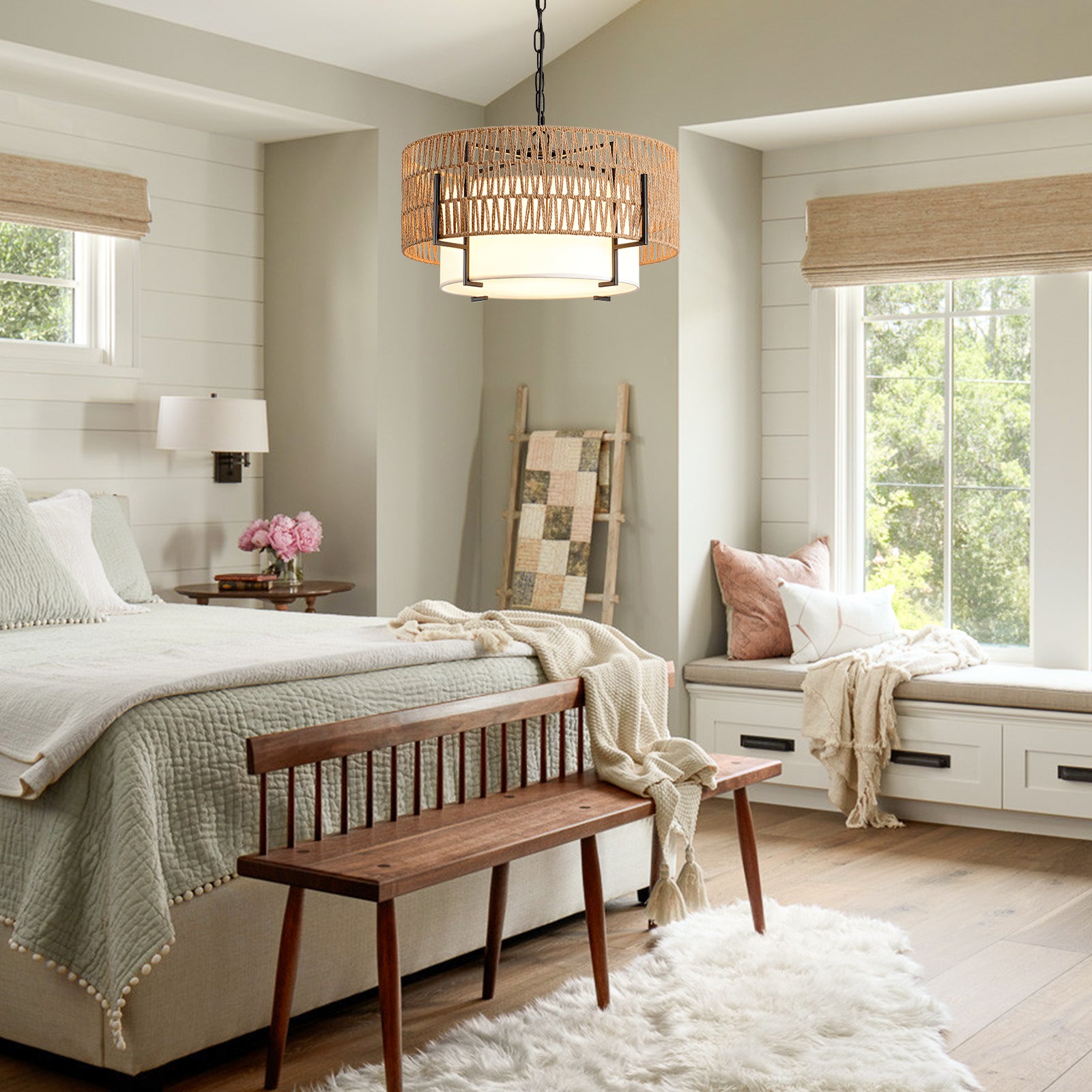 4-Light Boho Chandelier for Dining Room, 19.7" Rattan Pendant Light