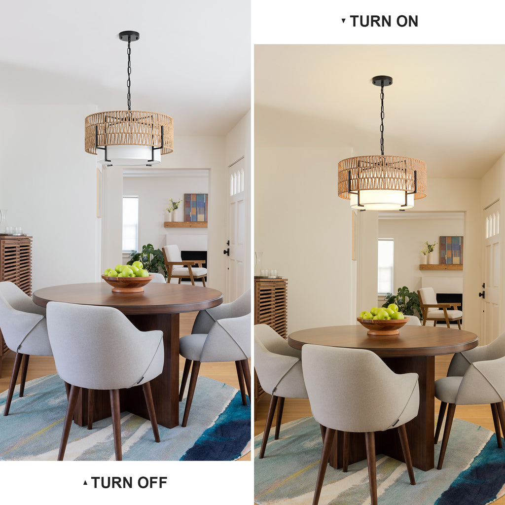 4-Light Boho Chandelier for Dining Room, 19.7" Rattan Pendant Light