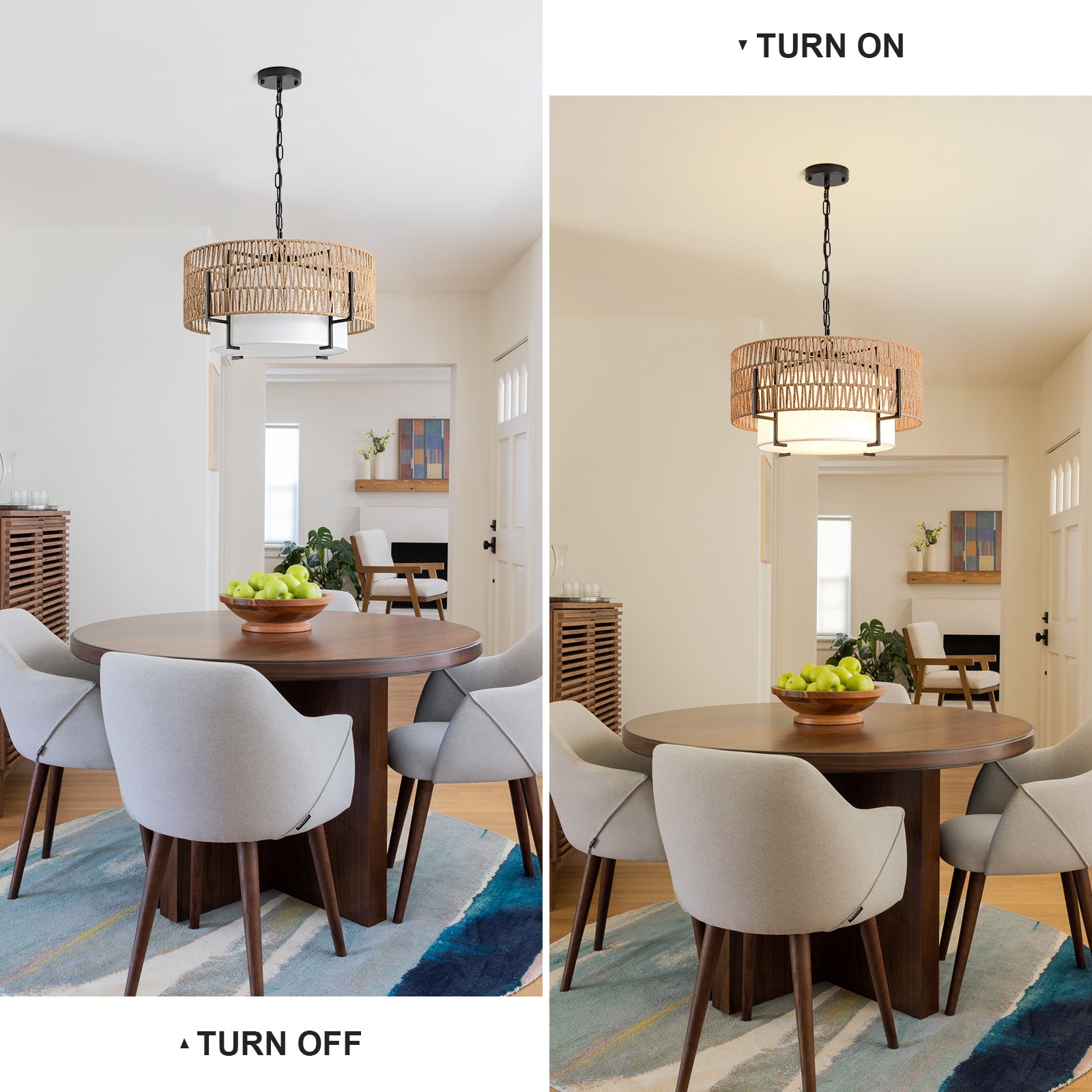 4-Light Boho Chandelier for Dining Room, 19.7" Rattan Pendant Light