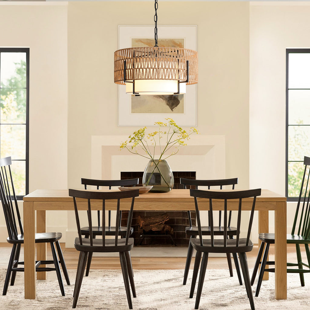 4-Light Boho Chandelier for Dining Room, 19.7" Rattan Pendant Light