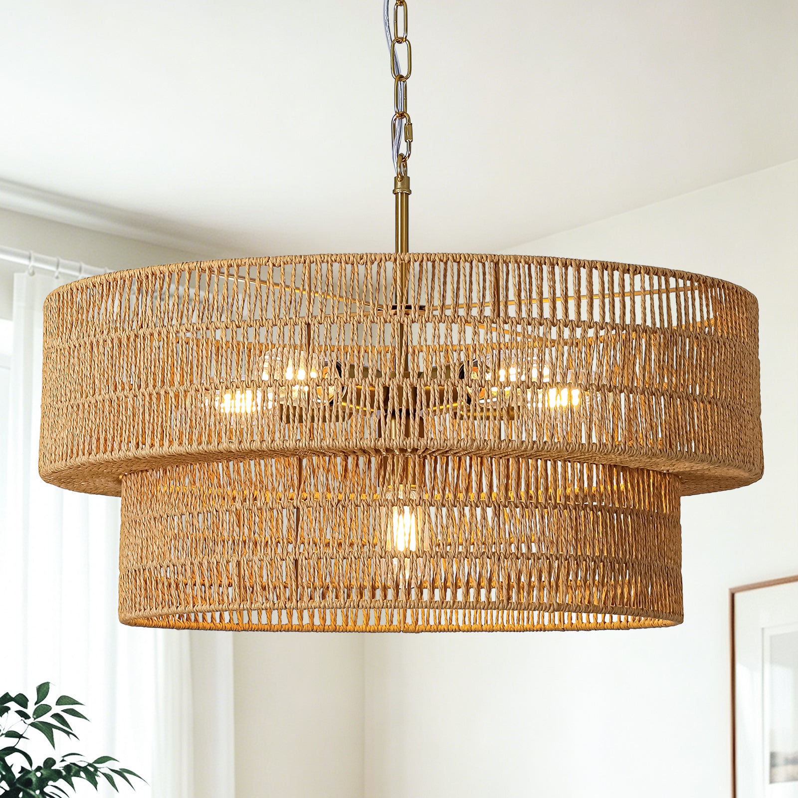 23.6" Large Rattan Chandelier for Dining Room, 6-Light Boho Pendant Light