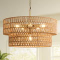 23.6" Boho Rattan Chandelier, 6-Light Large Rattan Pendant Light