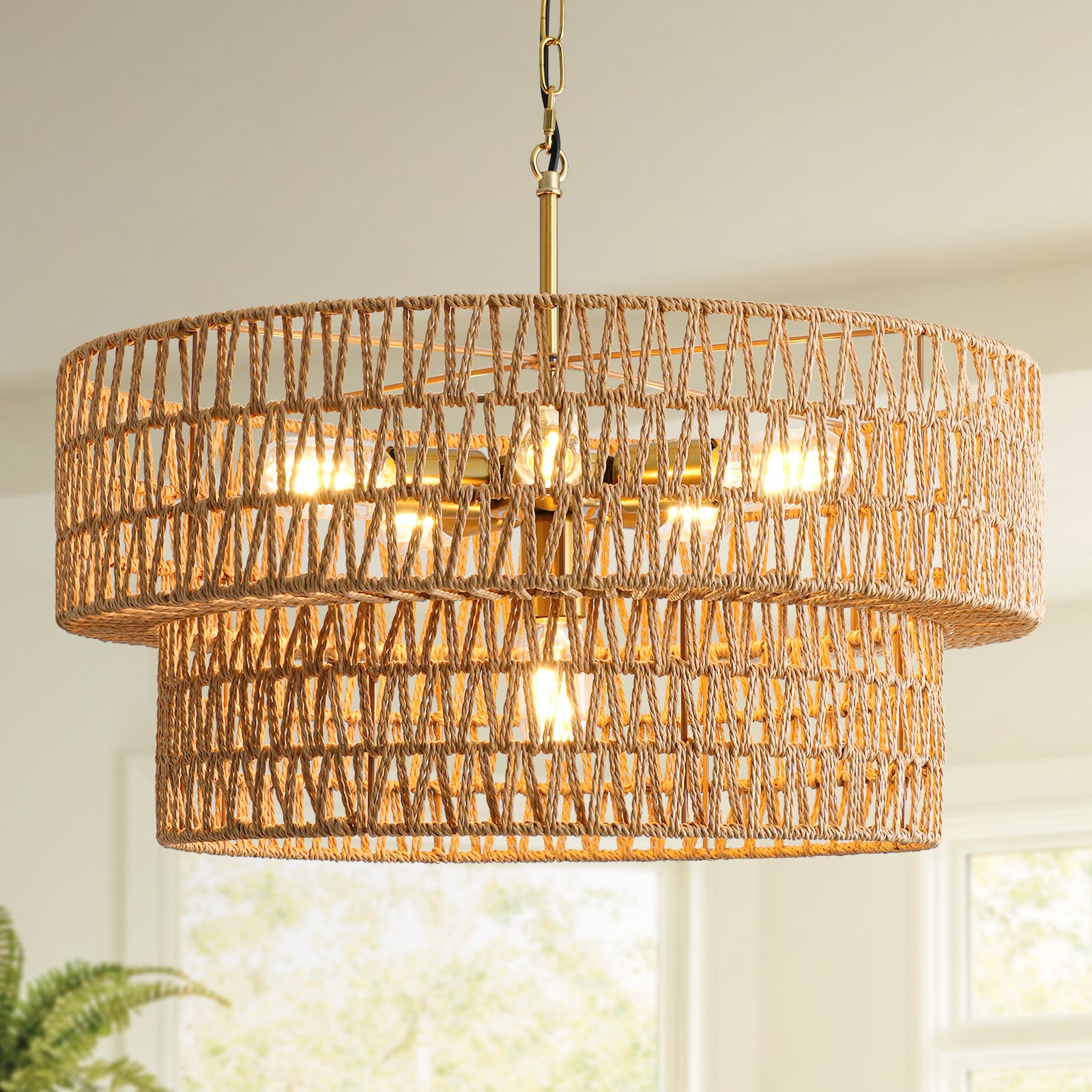 23.6" Boho Rattan Chandelier, 6-Light Large Rattan Pendant Light