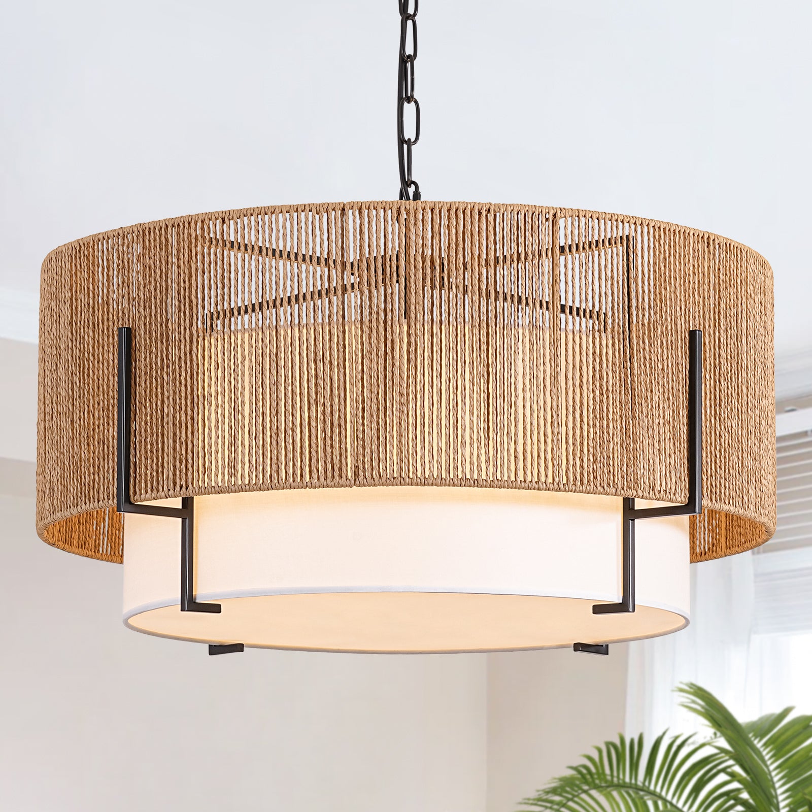 25.6" Large Rattan Chandelier for Dining Room, 6-Light Boho Pendant Light