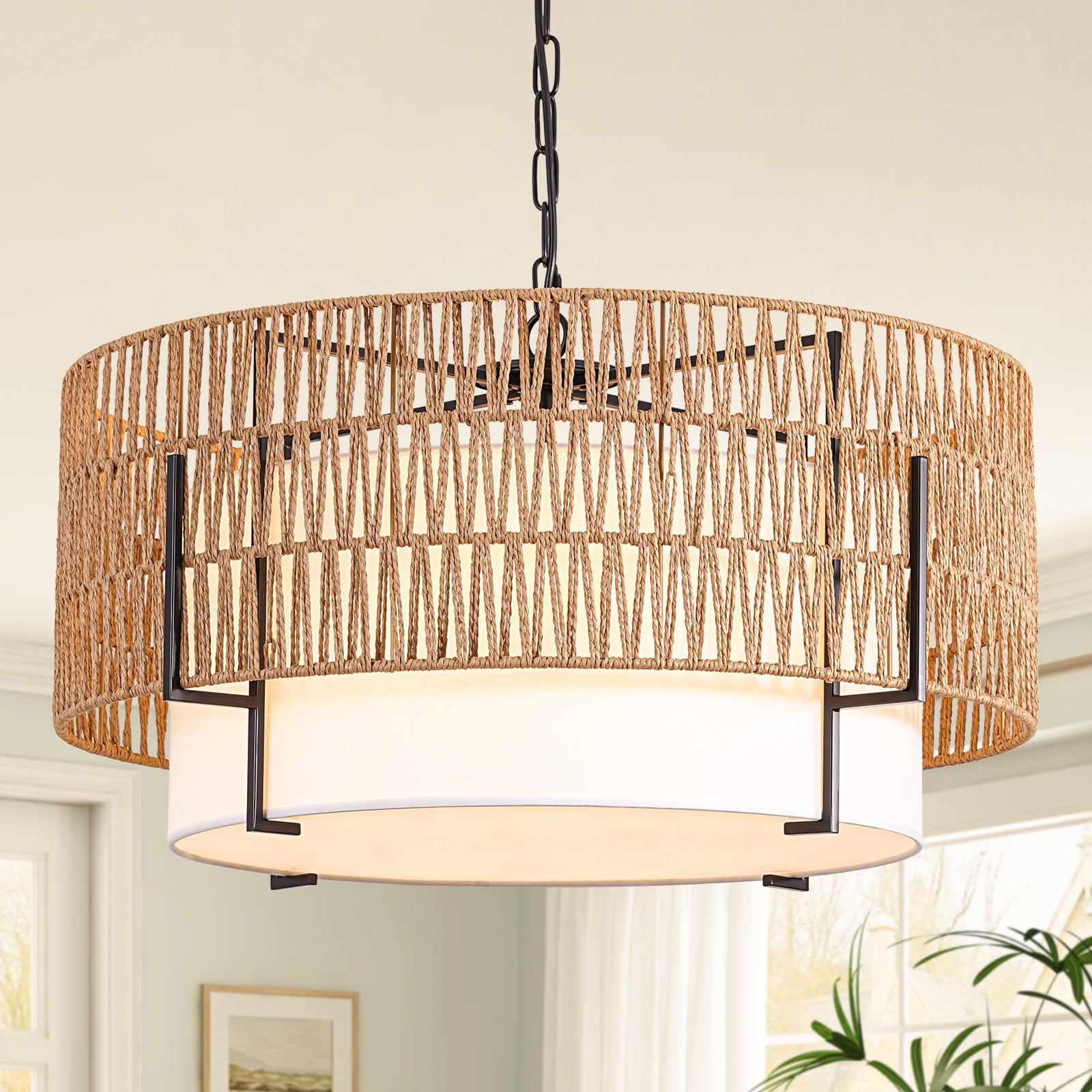 6-Light Large Rattan Chandelier for Dining Room, 25.6" Boho Pendant Light