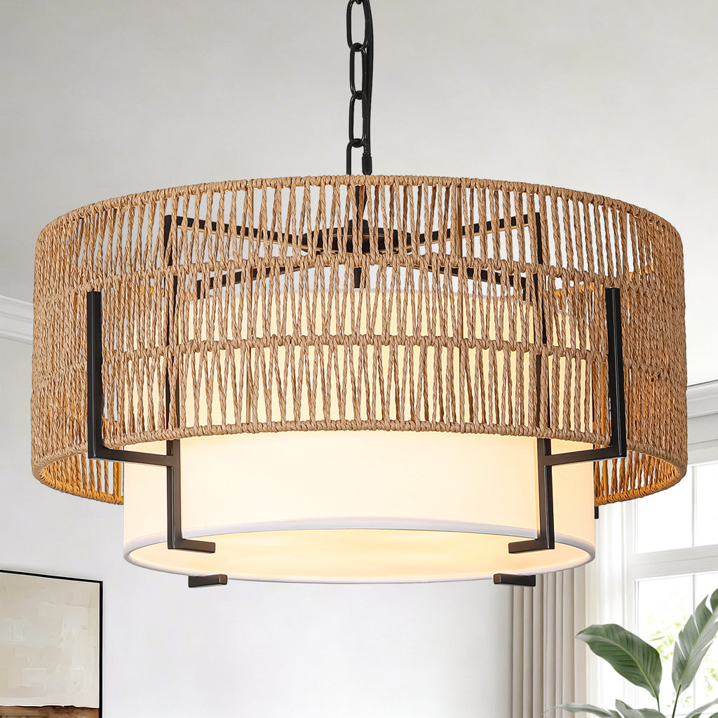 4-Light Rattan Chandelier, 19.7" Large Boho Hand Woven Pendant Light