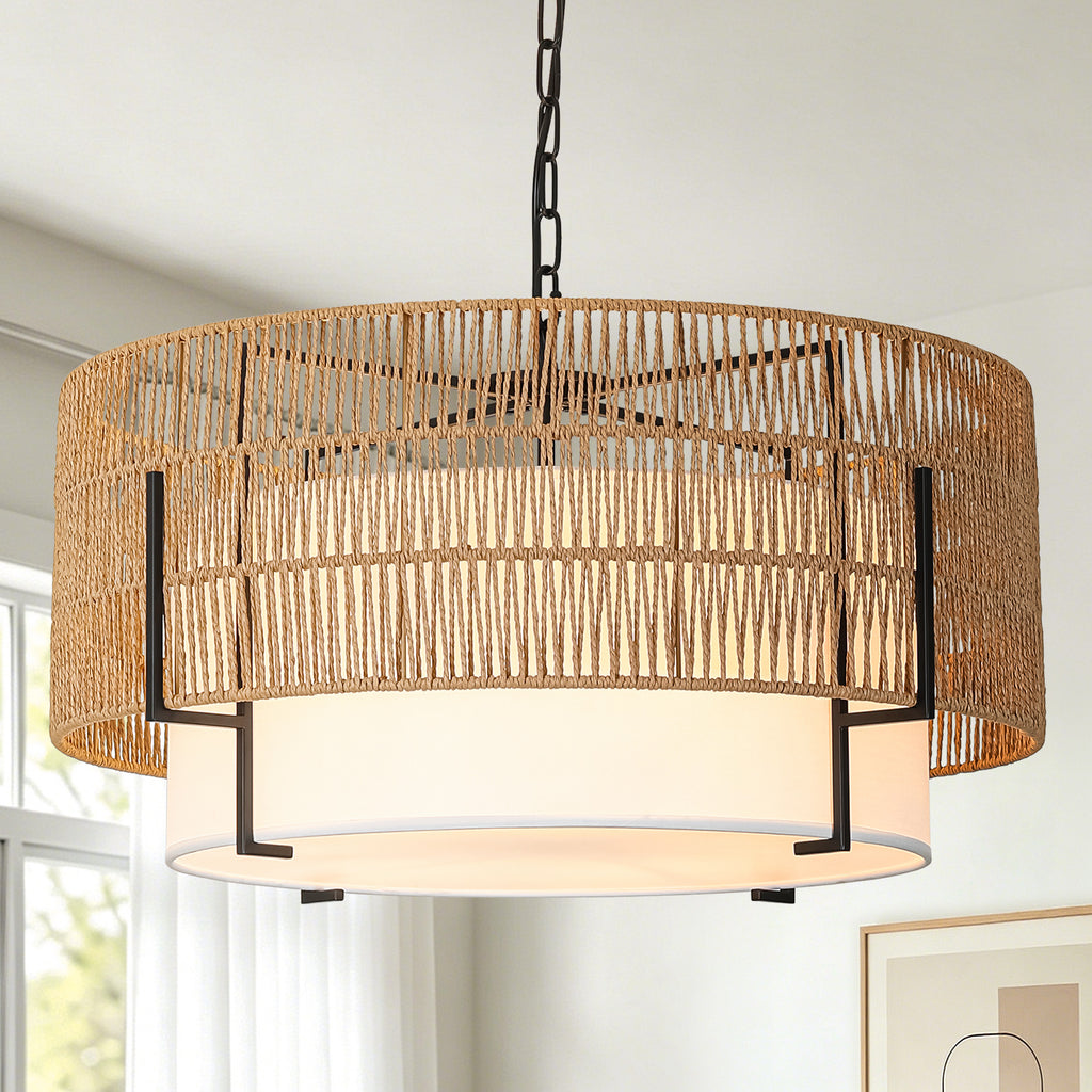 6-Light Large Rattan Chandelier, 25.6" Boho Pendant Light Fixture