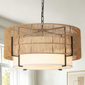 6-Light Large Rattan Chandelier, 25.6" Boho Pendant Light Fixture