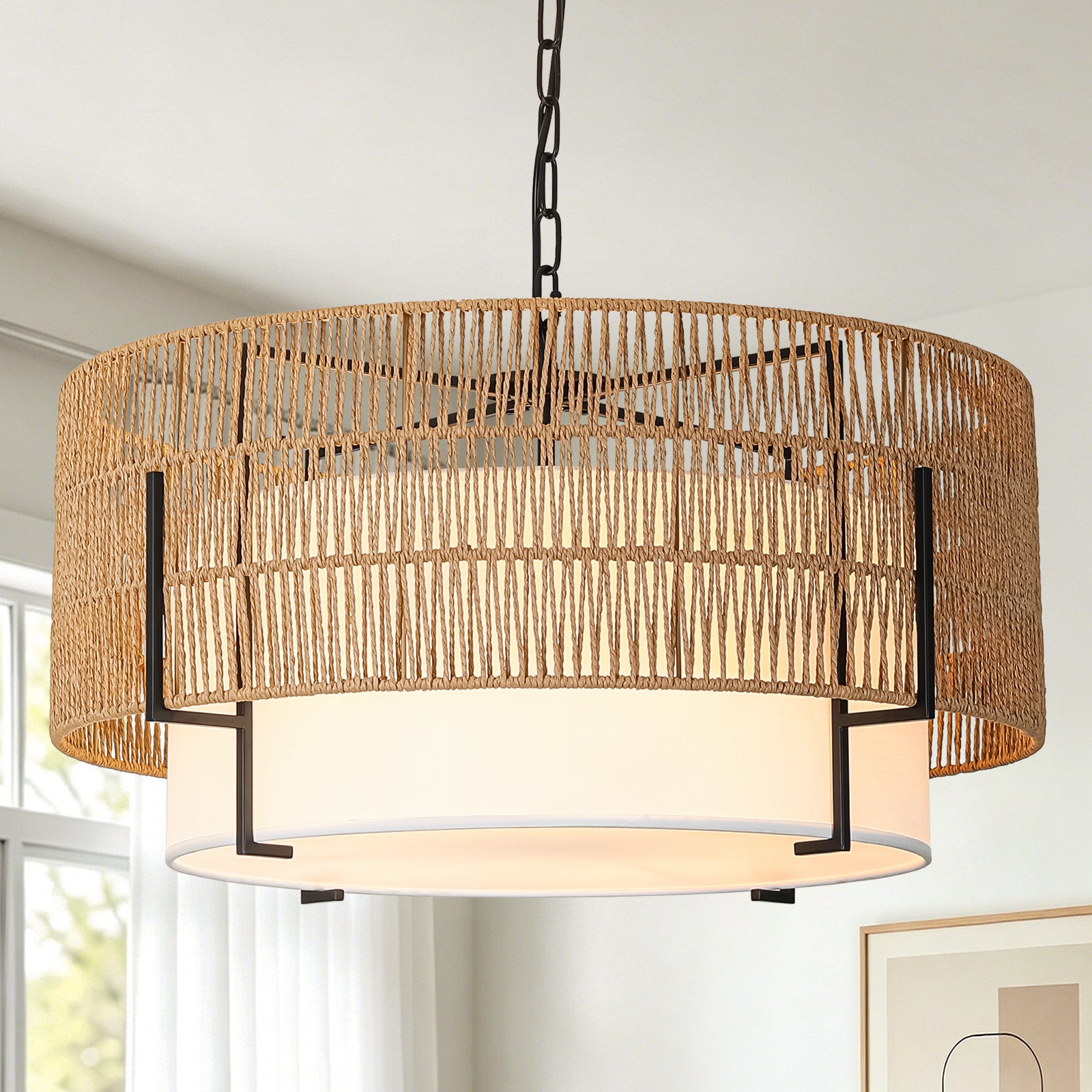 6-Light Large Rattan Chandelier, 25.6" Boho Pendant Light Fixture