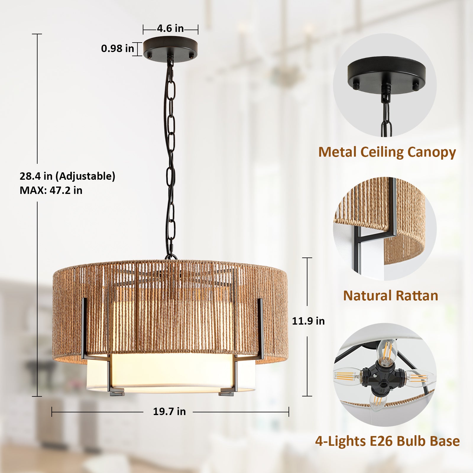 4-Light Rattan Chandelier for Dining Room