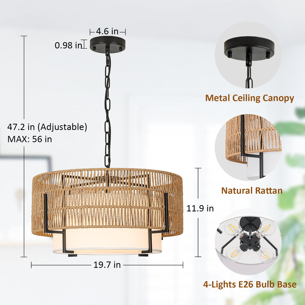 4-Light Rattan Chandelier, 19.7" Large Boho Hand Woven Pendant Light