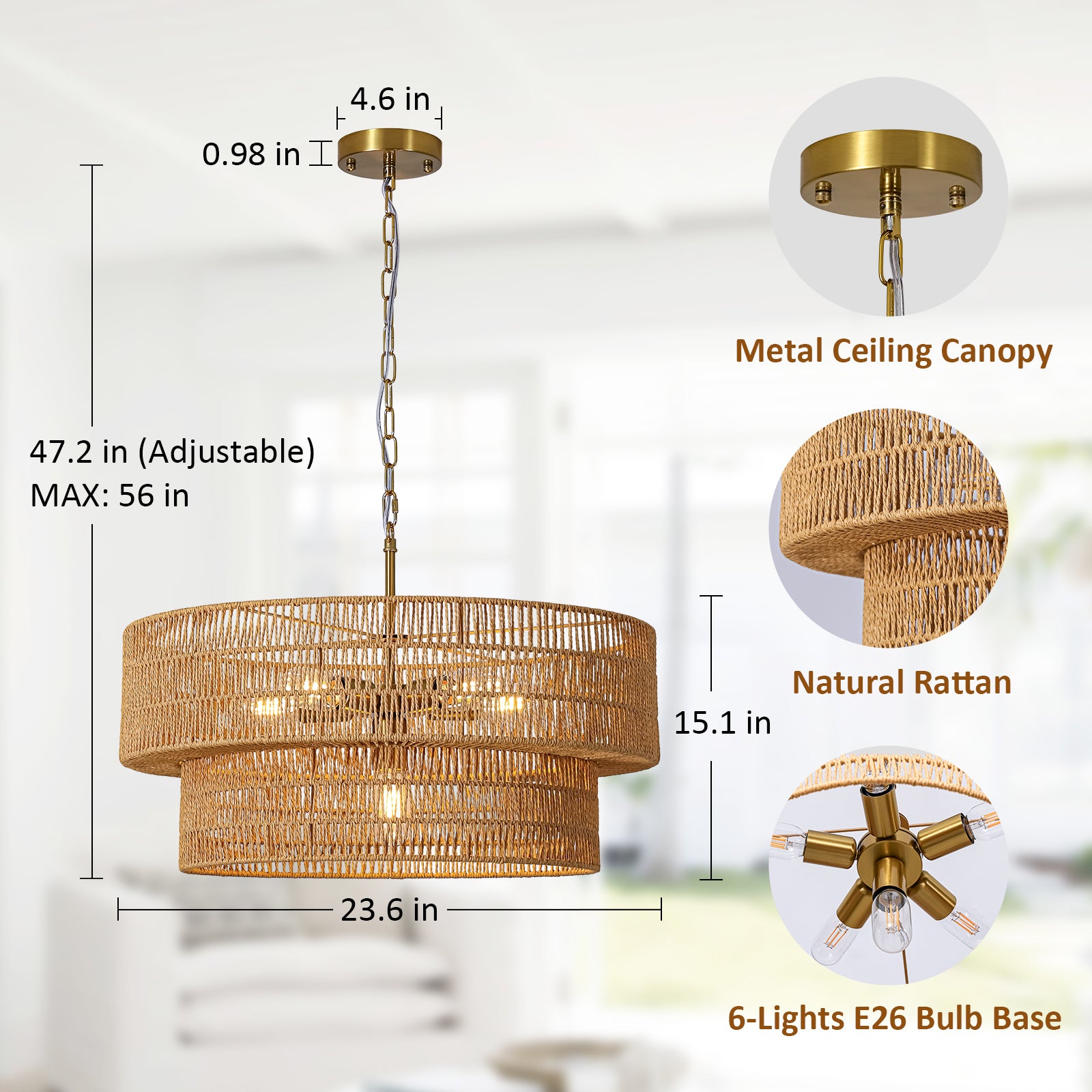 23.6" Large Rattan Chandelier for Dining Room, 6-Light Boho Pendant Light