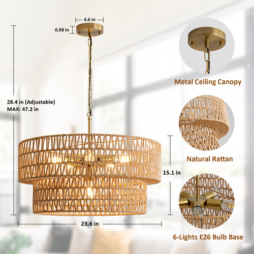 23.6" Boho Rattan Chandelier, 6-Light Large Rattan Pendant Light