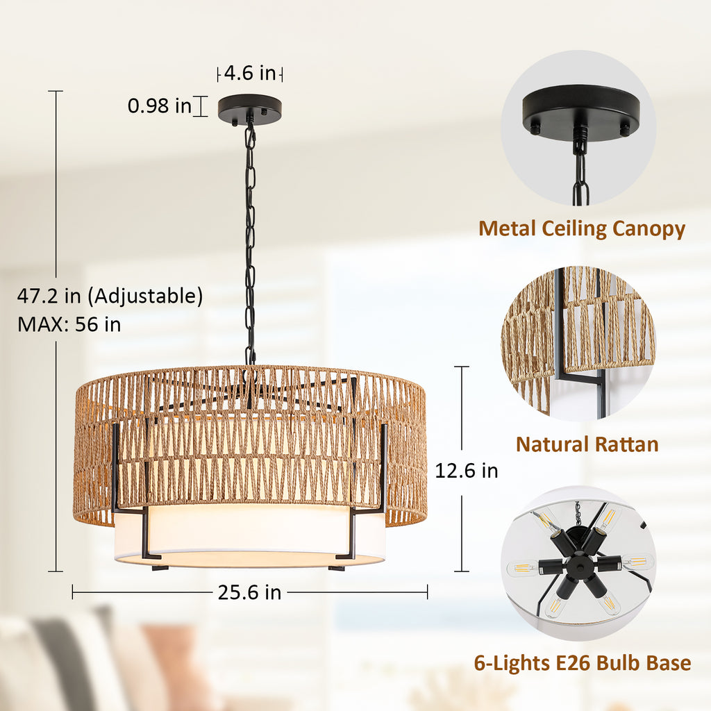 6-Light Large Rattan Chandelier for Dining Room, 25.6" Boho Pendant Light