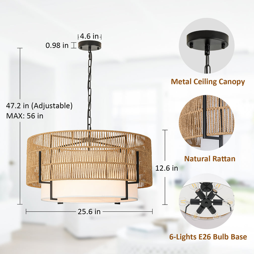 6-Light Large Rattan Chandelier, 25.6" Boho Pendant Light Fixture