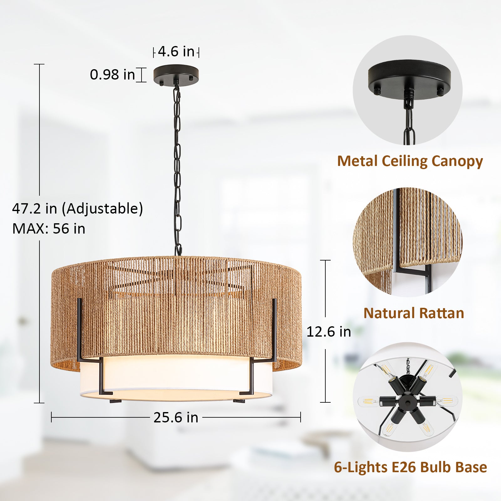 25.6" Large Rattan Chandelier for Dining Room, 6-Light Boho Pendant Light