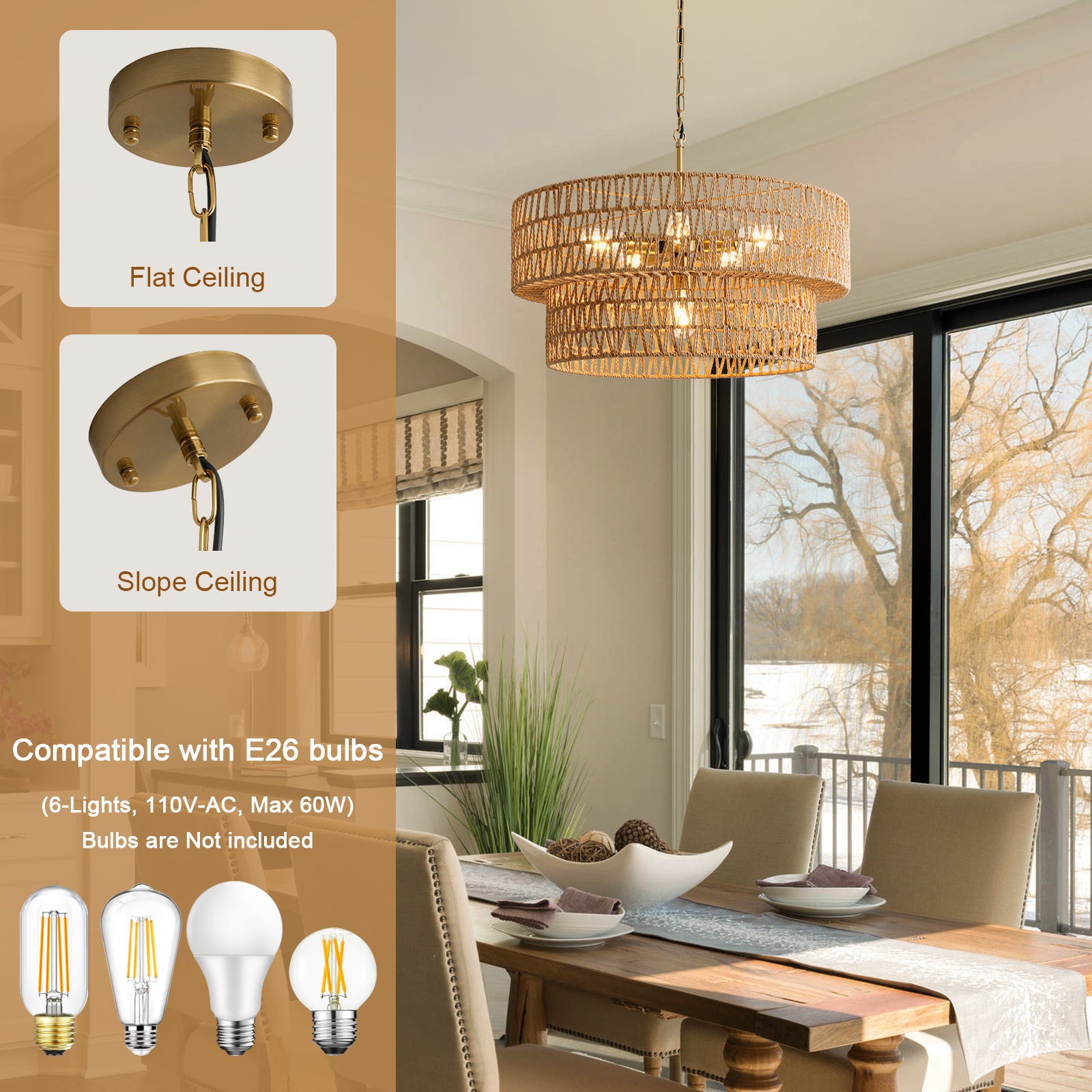 23.6" Boho Rattan Chandelier, 6-Light Large Rattan Pendant Light