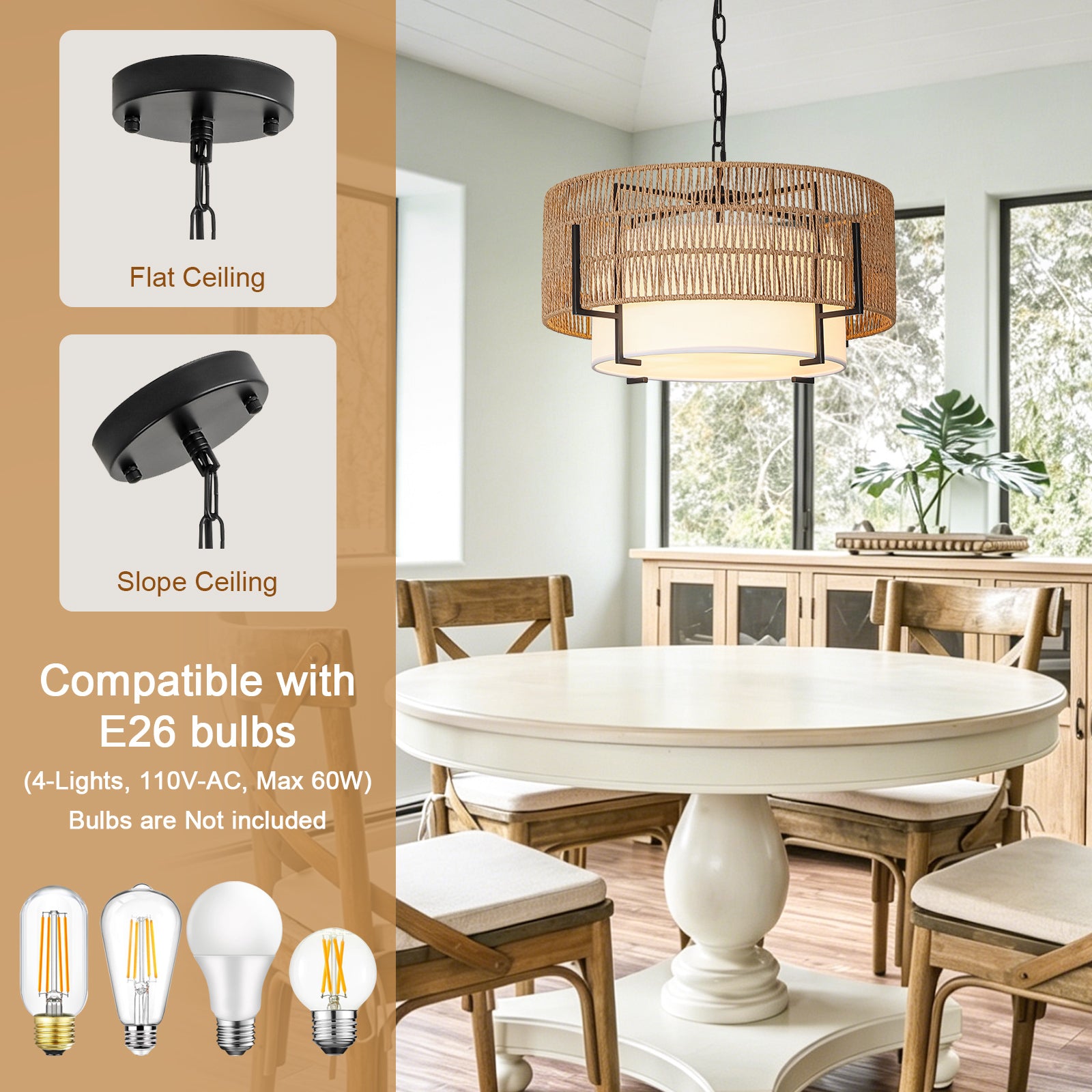 4-Light Rattan Chandelier, 19.7" Large Boho Hand Woven Pendant Light