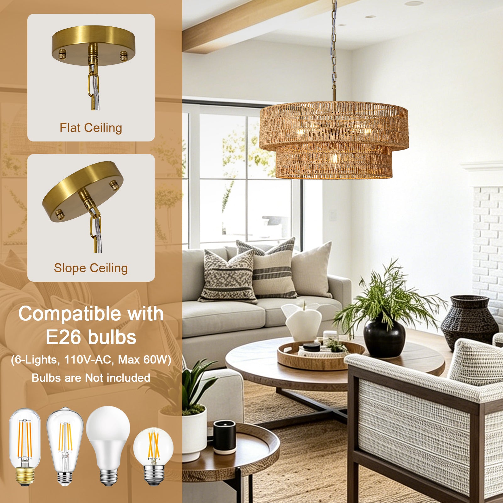 23.6" Large Rattan Chandelier for Dining Room, 6-Light Boho Pendant Light
