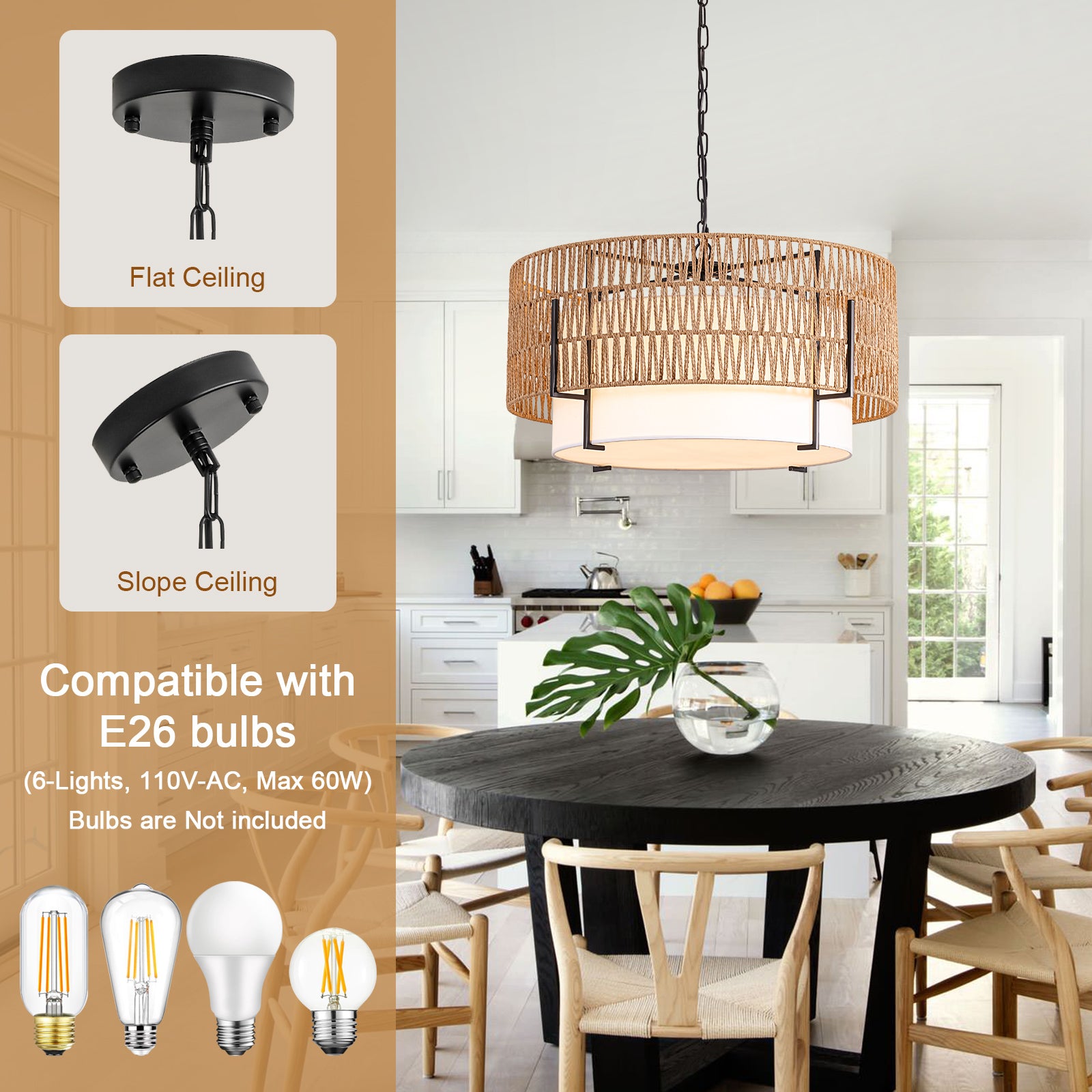 6-Light Large Rattan Chandelier for Dining Room, 25.6" Boho Pendant Light