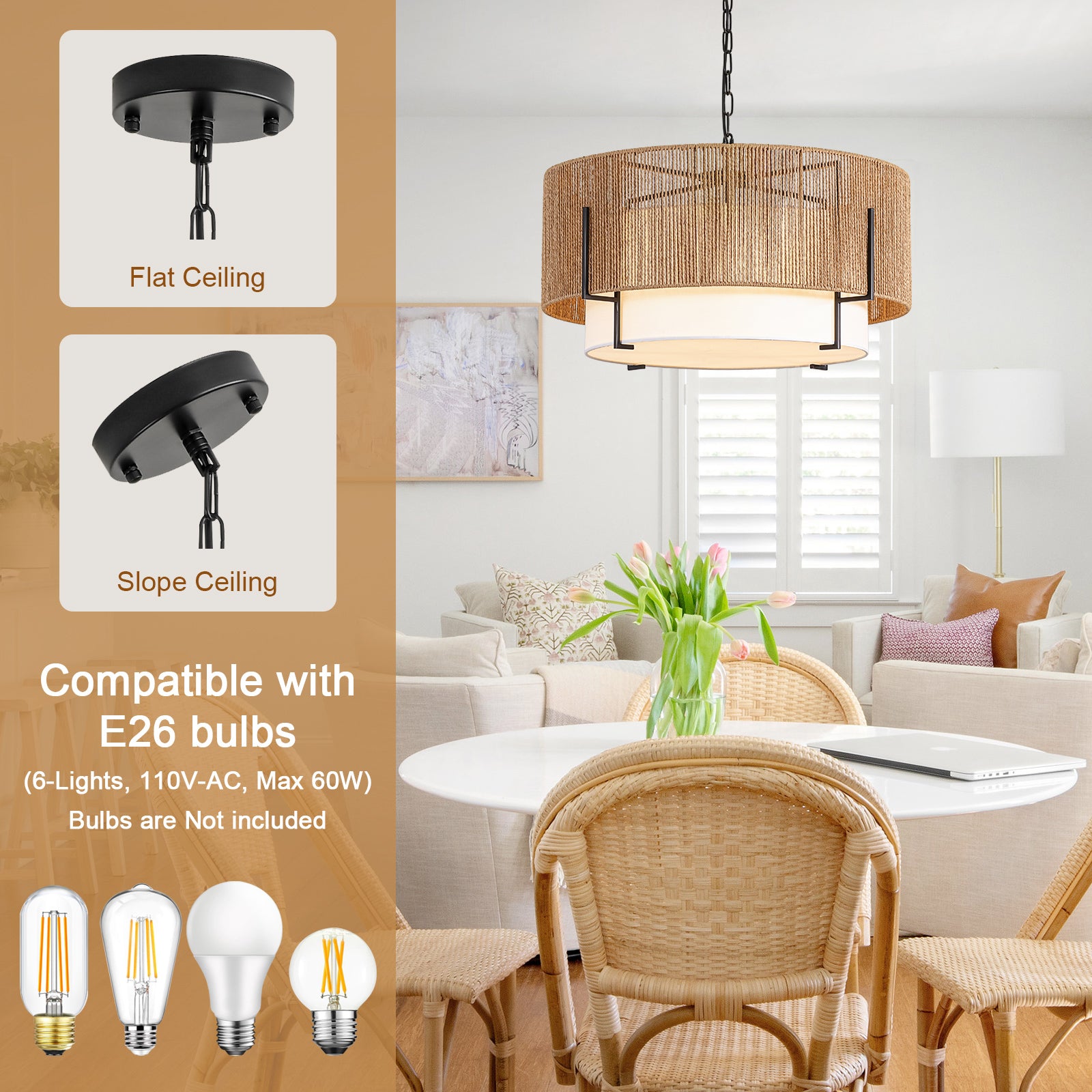 25.6" Large Rattan Chandelier for Dining Room, 6-Light Boho Pendant Light