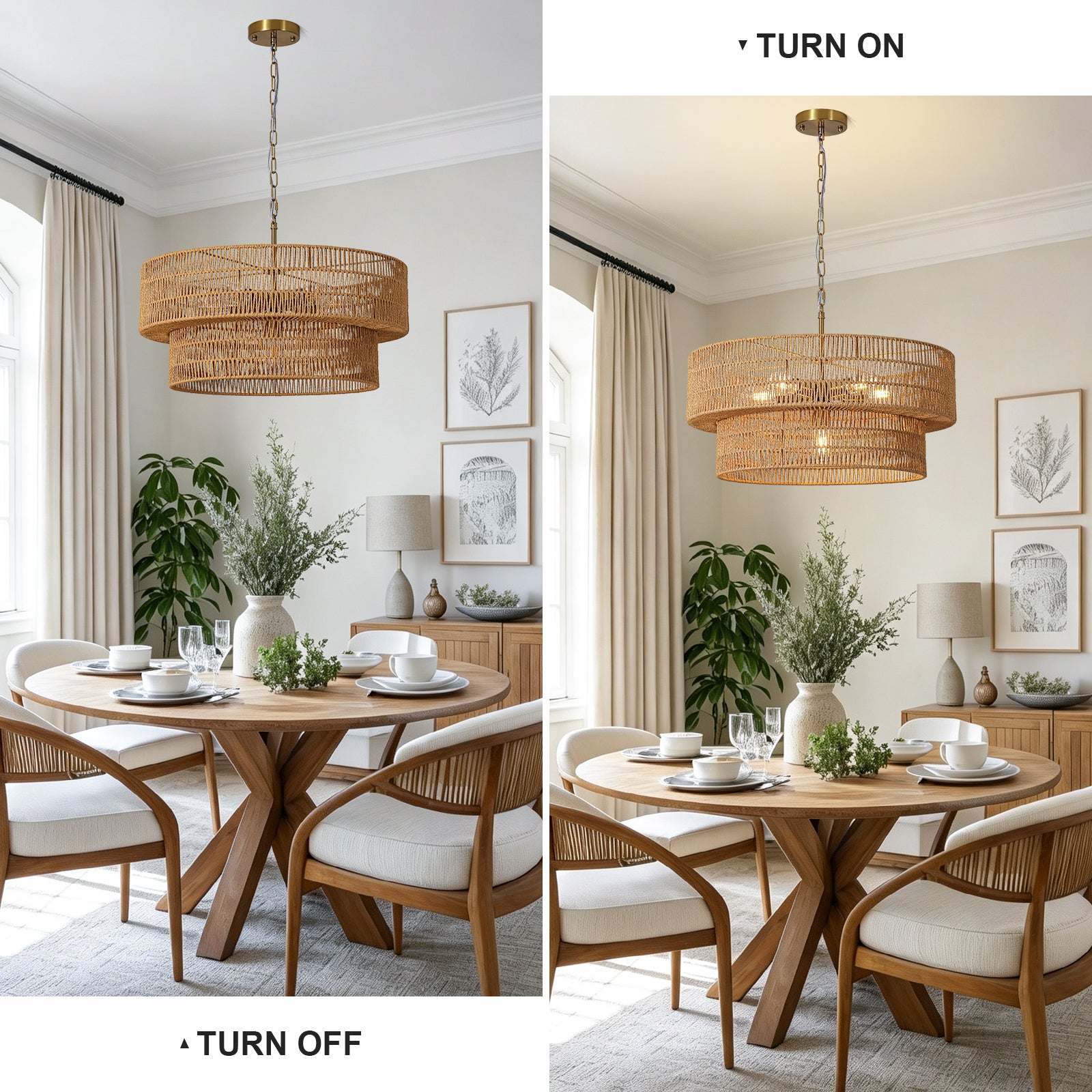 23.6" Large Rattan Chandelier for Dining Room, 6-Light Boho Pendant Light