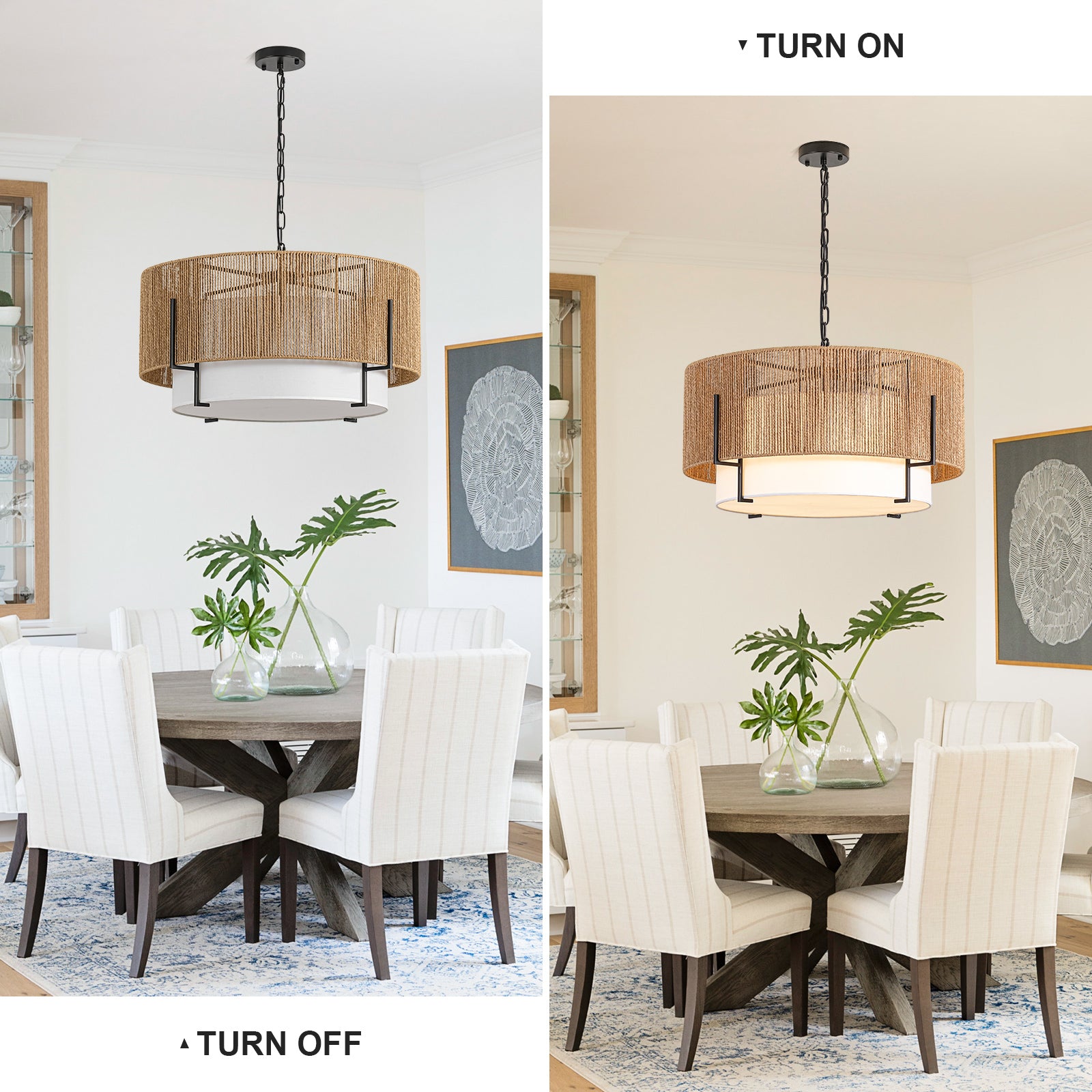25.6" Large Rattan Chandelier for Dining Room, 6-Light Boho Pendant Light