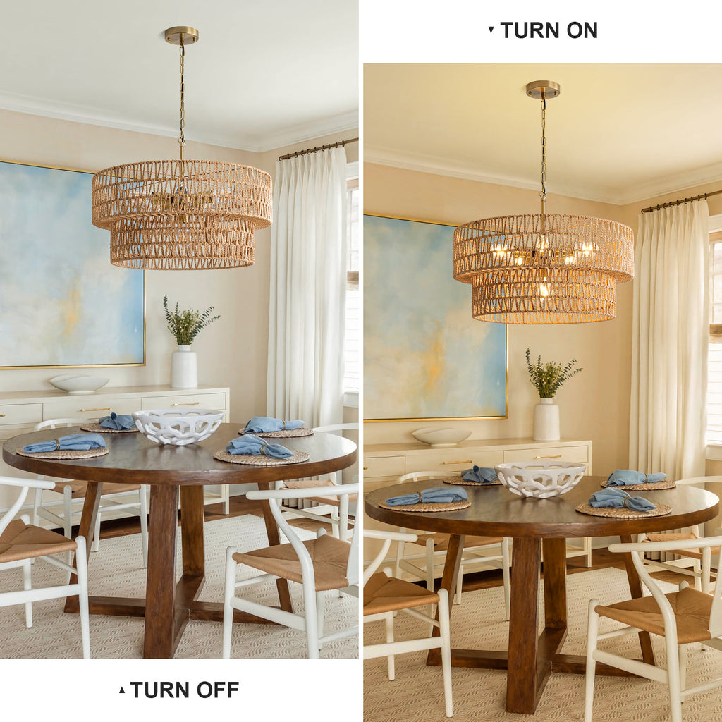 23.6" Boho Rattan Chandelier, 6-Light Large Rattan Pendant Light