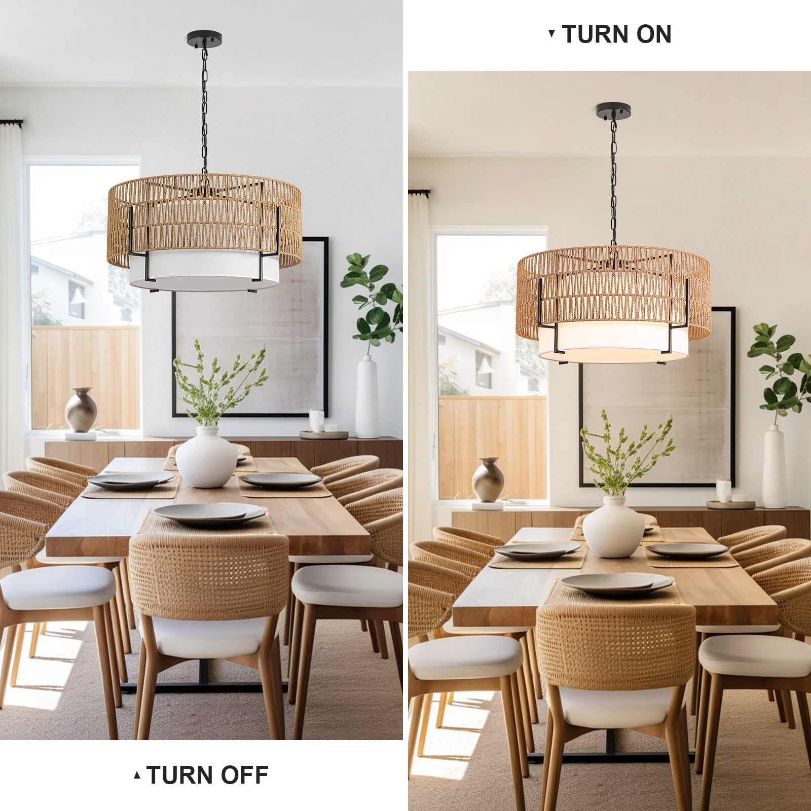 6-Light Large Rattan Chandelier for Dining Room, 25.6" Boho Pendant Light