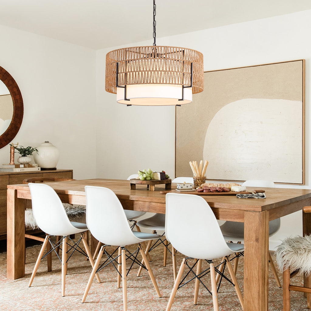 6-Light Large Rattan Chandelier for Dining Room, 25.6" Boho Pendant Light