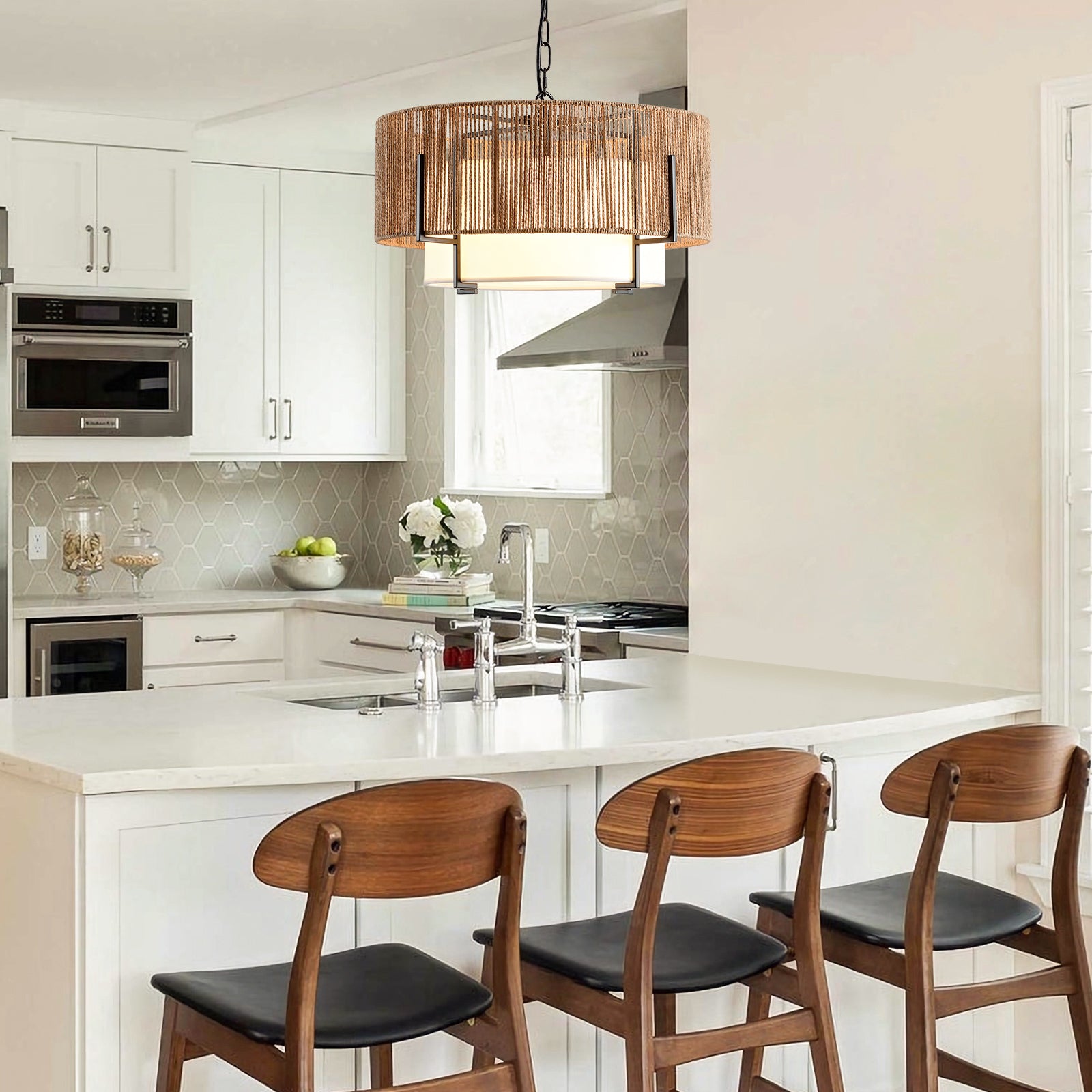 4-Light Rattan Chandelier for Dining Room
