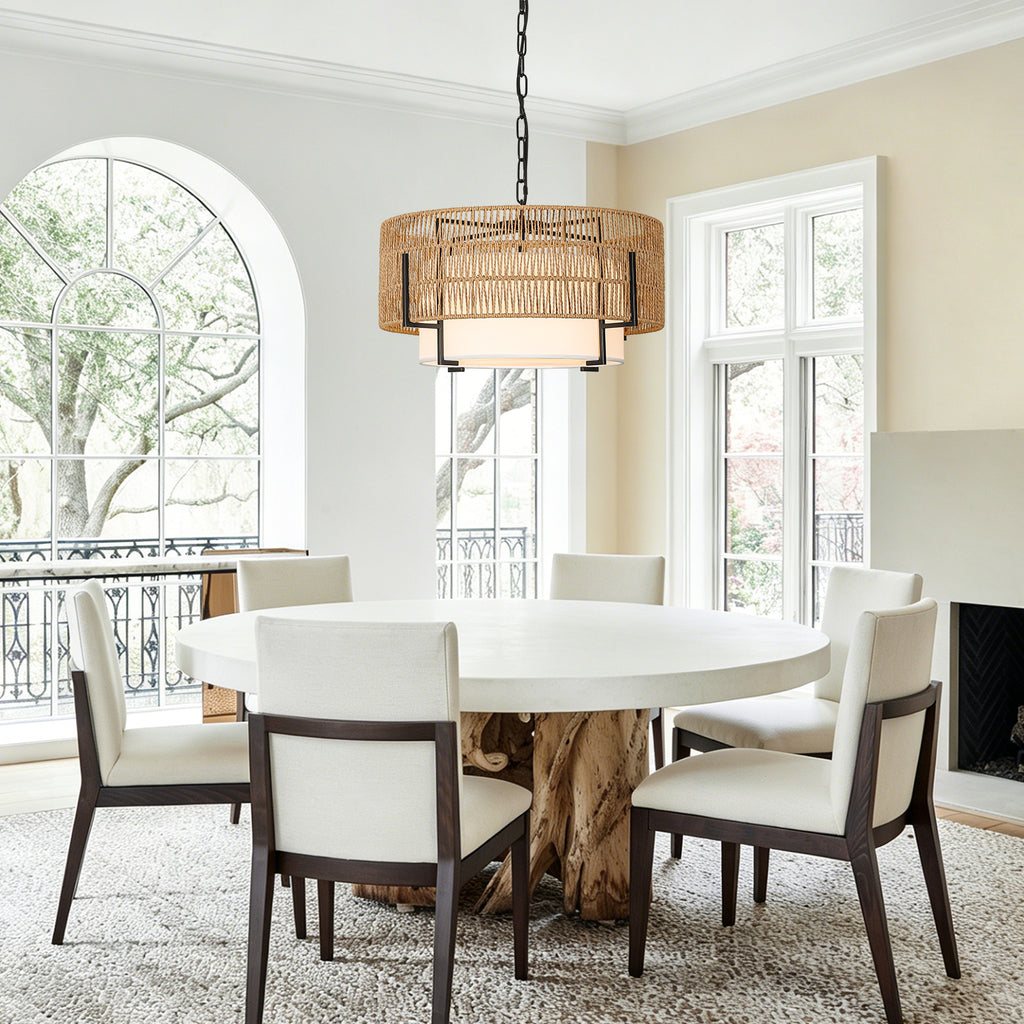 4-Light Rattan Chandelier, 19.7" Large Boho Hand Woven Pendant Light