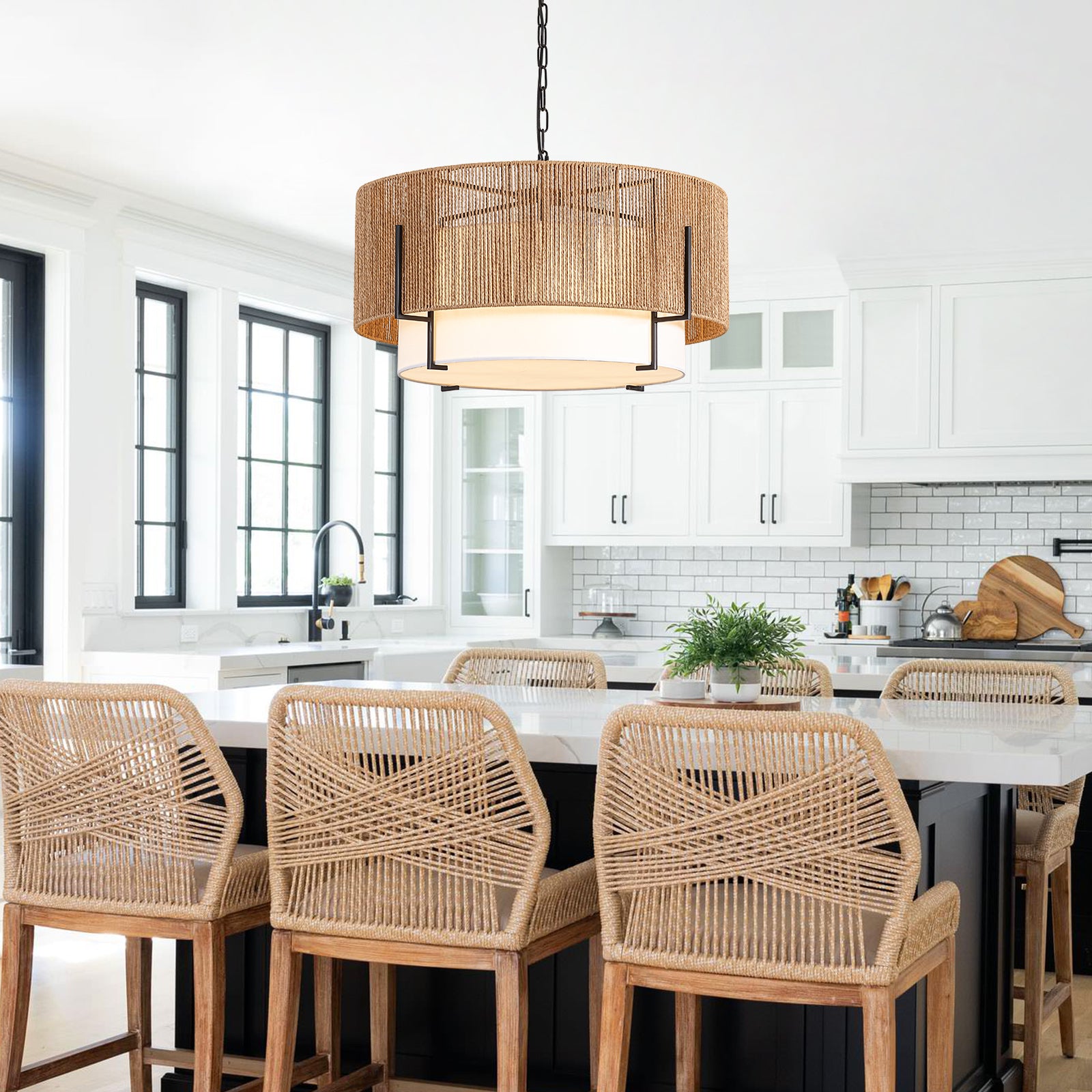 25.6" Large Rattan Chandelier for Dining Room, 6-Light Boho Pendant Light
