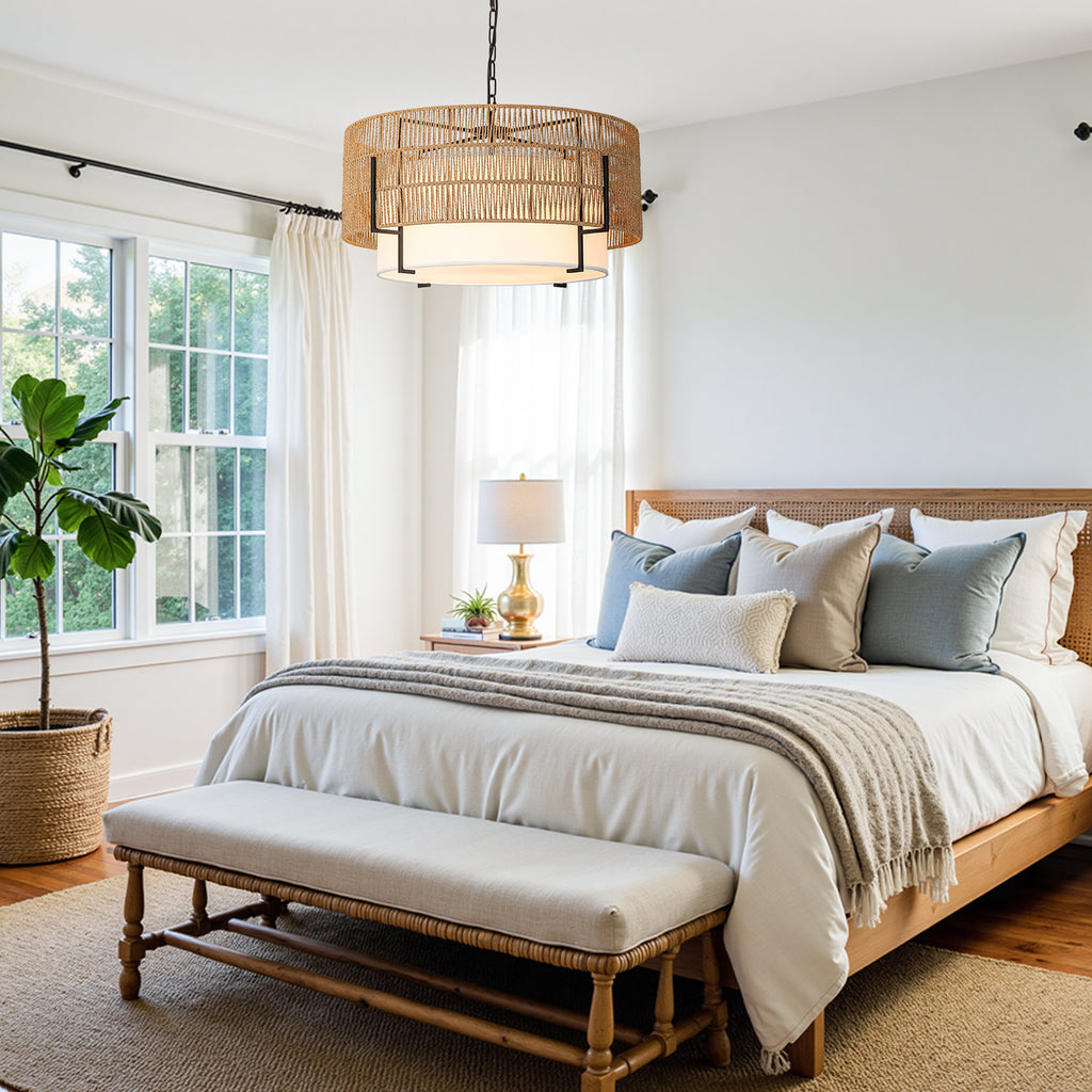 6-Light Large Rattan Chandelier, 25.6" Boho Pendant Light Fixture