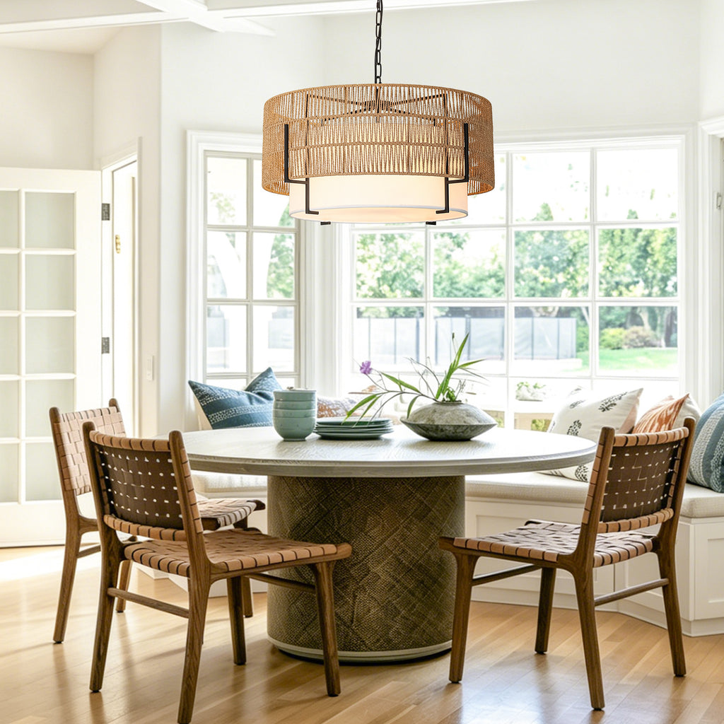 6-Light Large Rattan Chandelier, 25.6" Boho Pendant Light Fixture