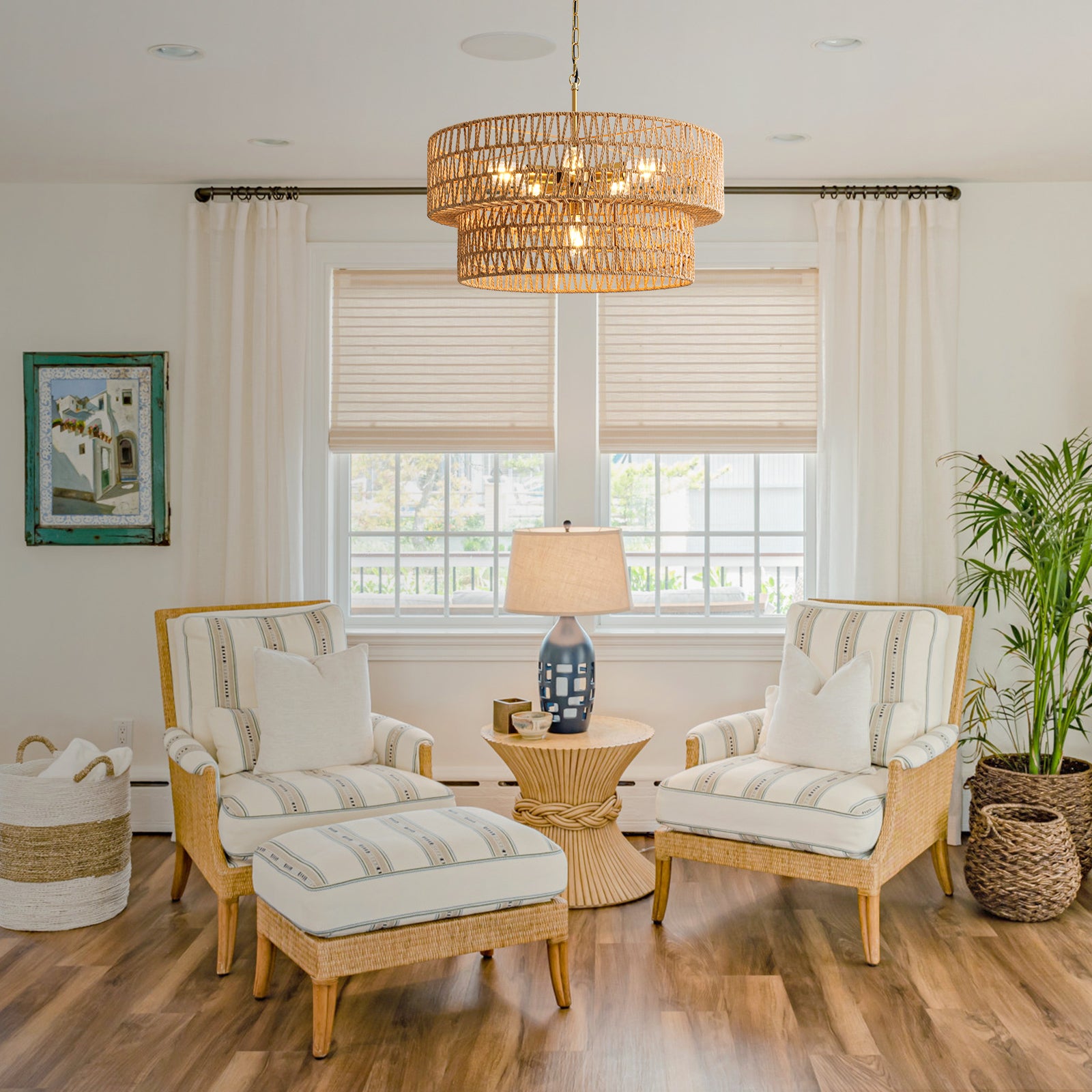 23.6" Boho Rattan Chandelier, 6-Light Large Rattan Pendant Light