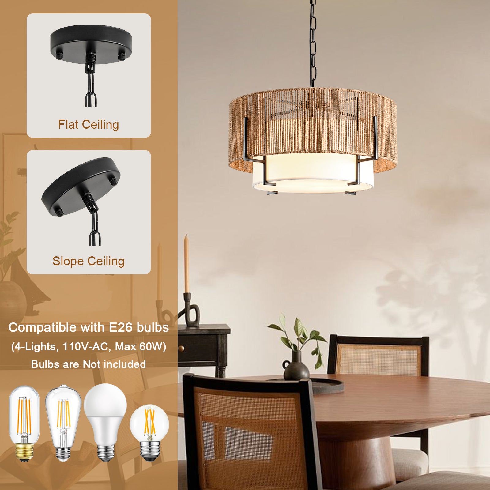 4-Light Rattan Chandelier for Dining Room