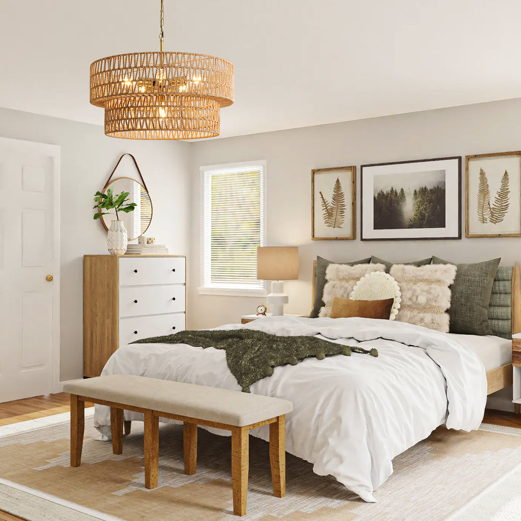 23.6" Boho Rattan Chandelier, 6-Light Large Rattan Pendant Light