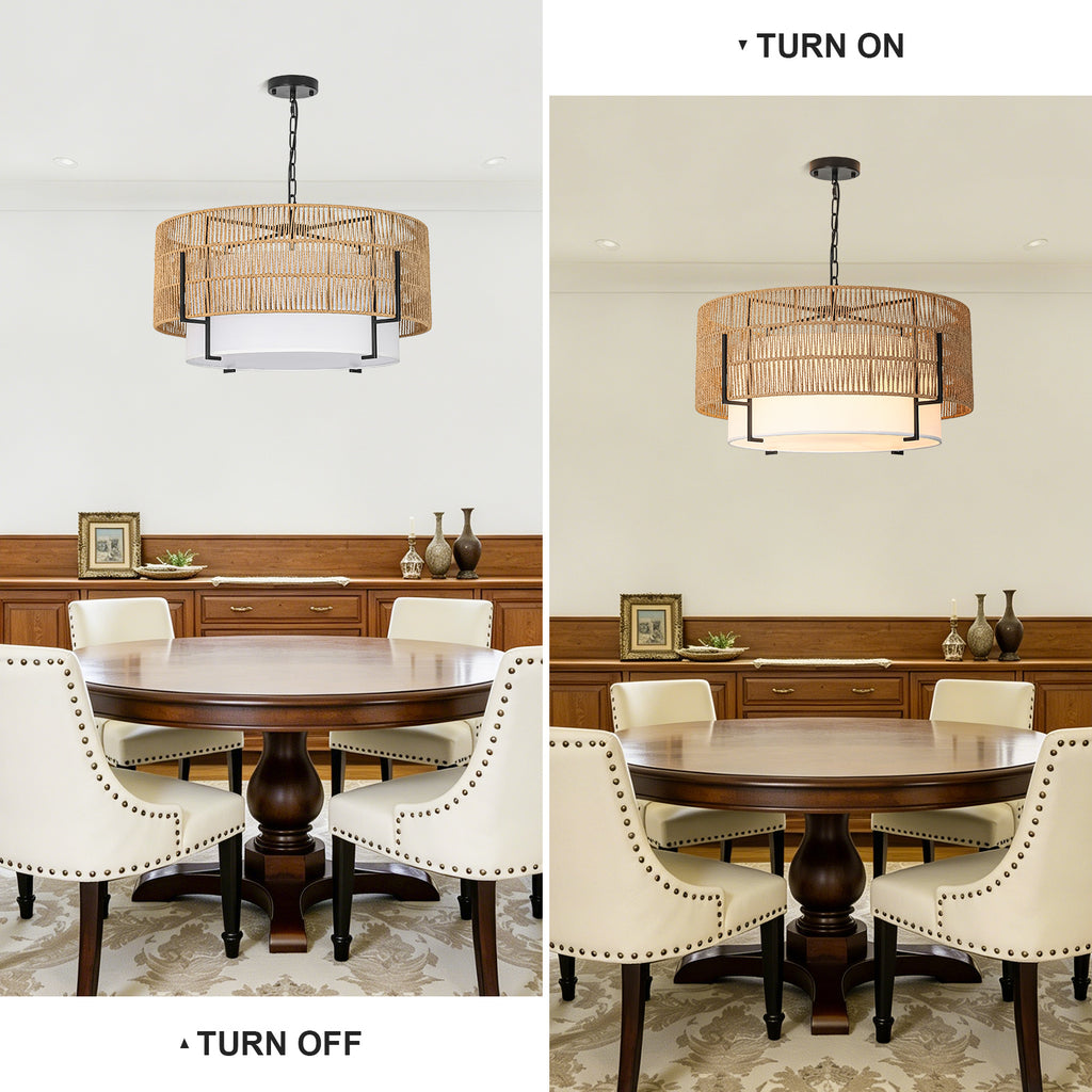 6-Light Large Rattan Chandelier, 25.6" Boho Pendant Light Fixture
