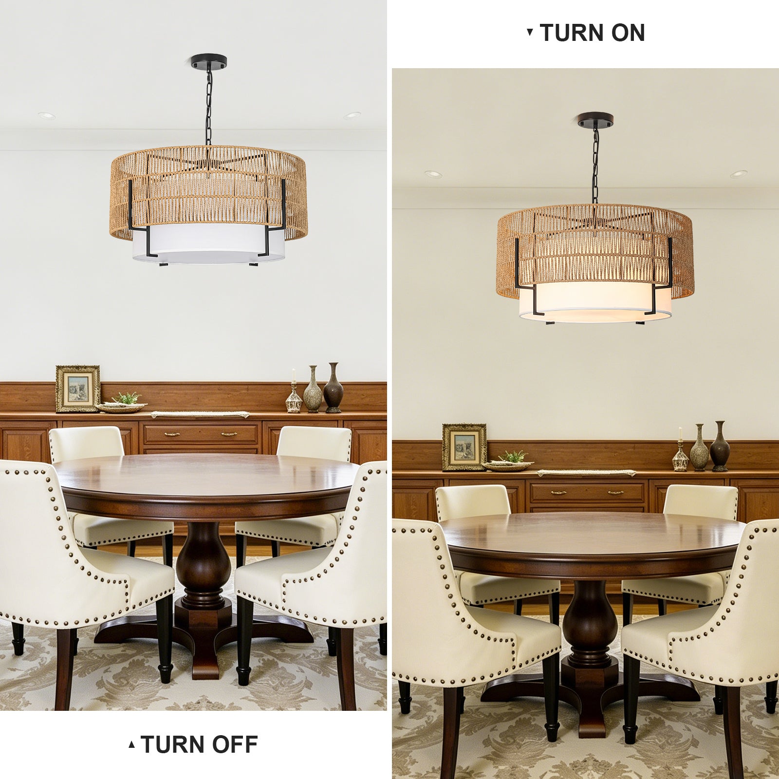 6-Light Large Rattan Chandelier, 25.6" Boho Pendant Light Fixture