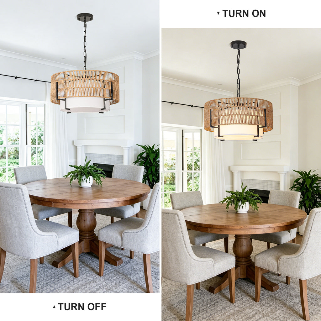 4-Light Rattan Chandelier, 19.7" Large Boho Hand Woven Pendant Light
