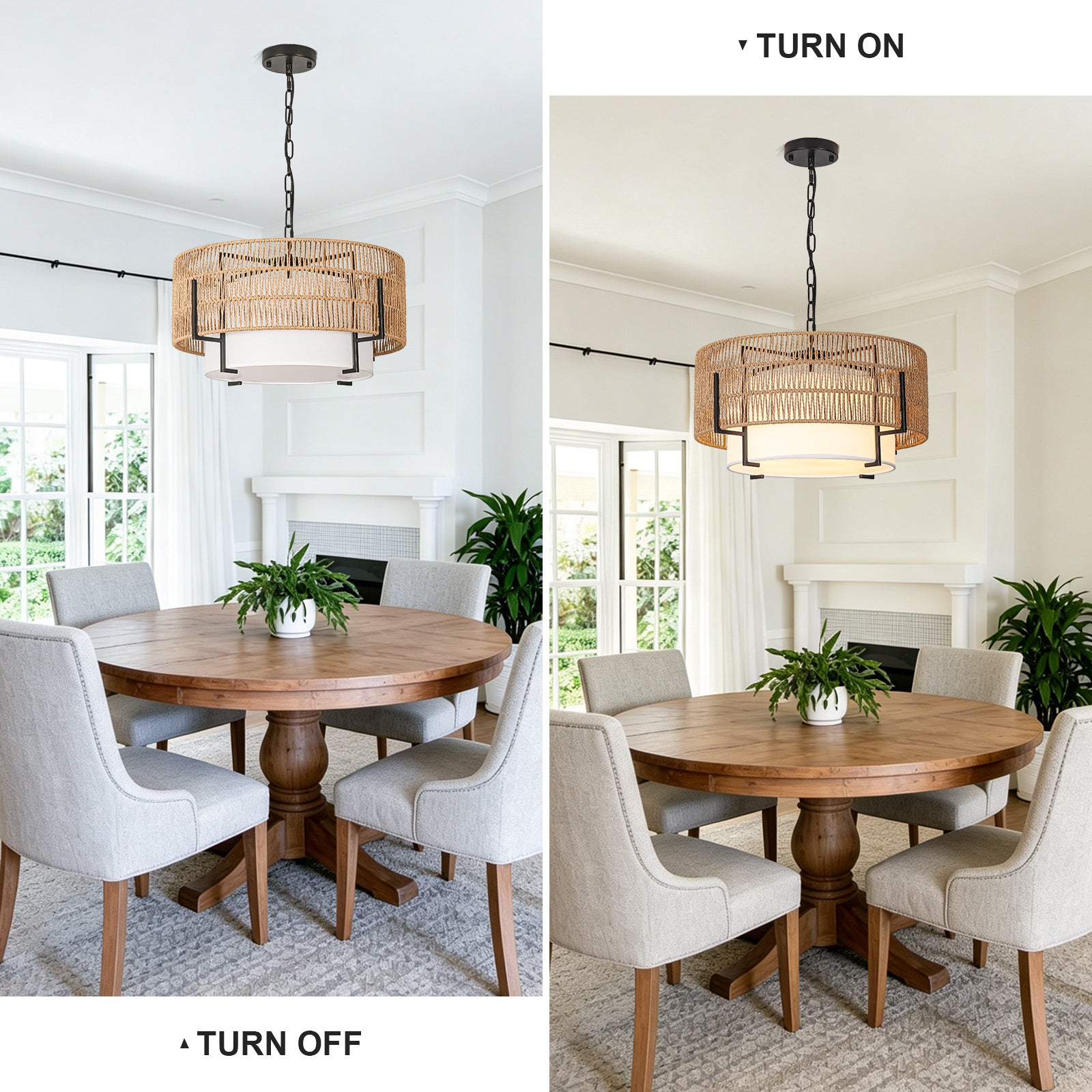 4-Light Rattan Chandelier, 19.7" Large Boho Hand Woven Pendant Light