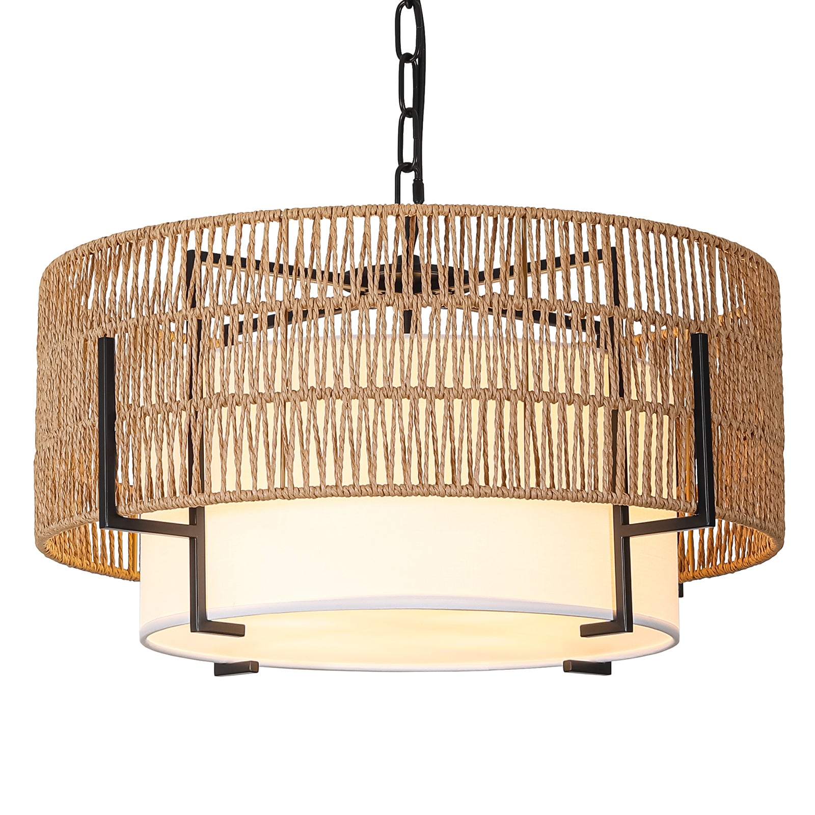 4-Light Rattan Chandelier, 19.7" Large Boho Hand Woven Pendant Light