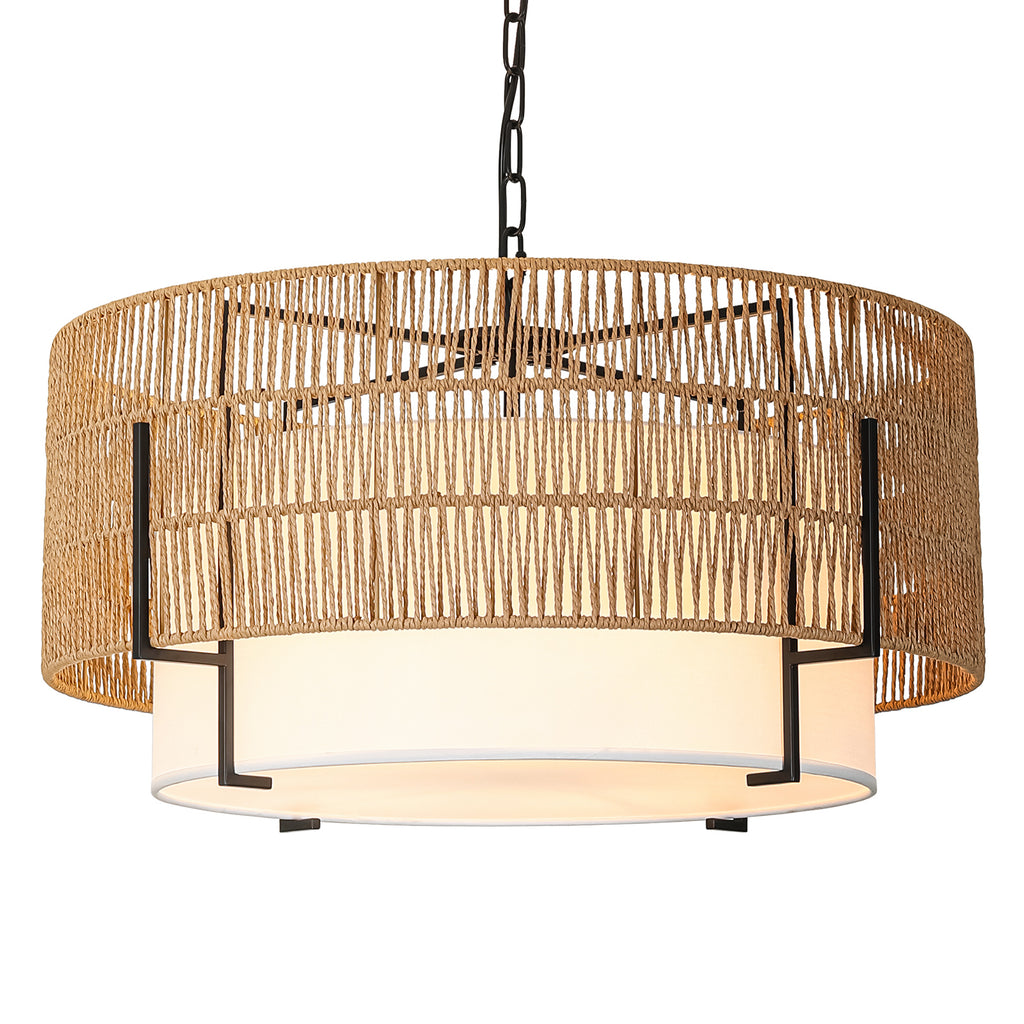 6-Light Large Rattan Chandelier, 25.6" Boho Pendant Light Fixture